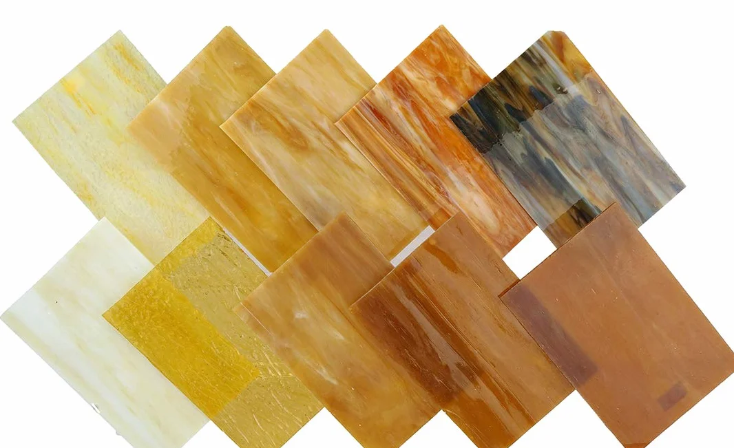 Lanyani Láminas de vidrio de colores ámbar surtidas, 10 x 15 cm, vidrio artístico opalescente estilo Tiffany, texturas mixtas, paquete de 10 unidades