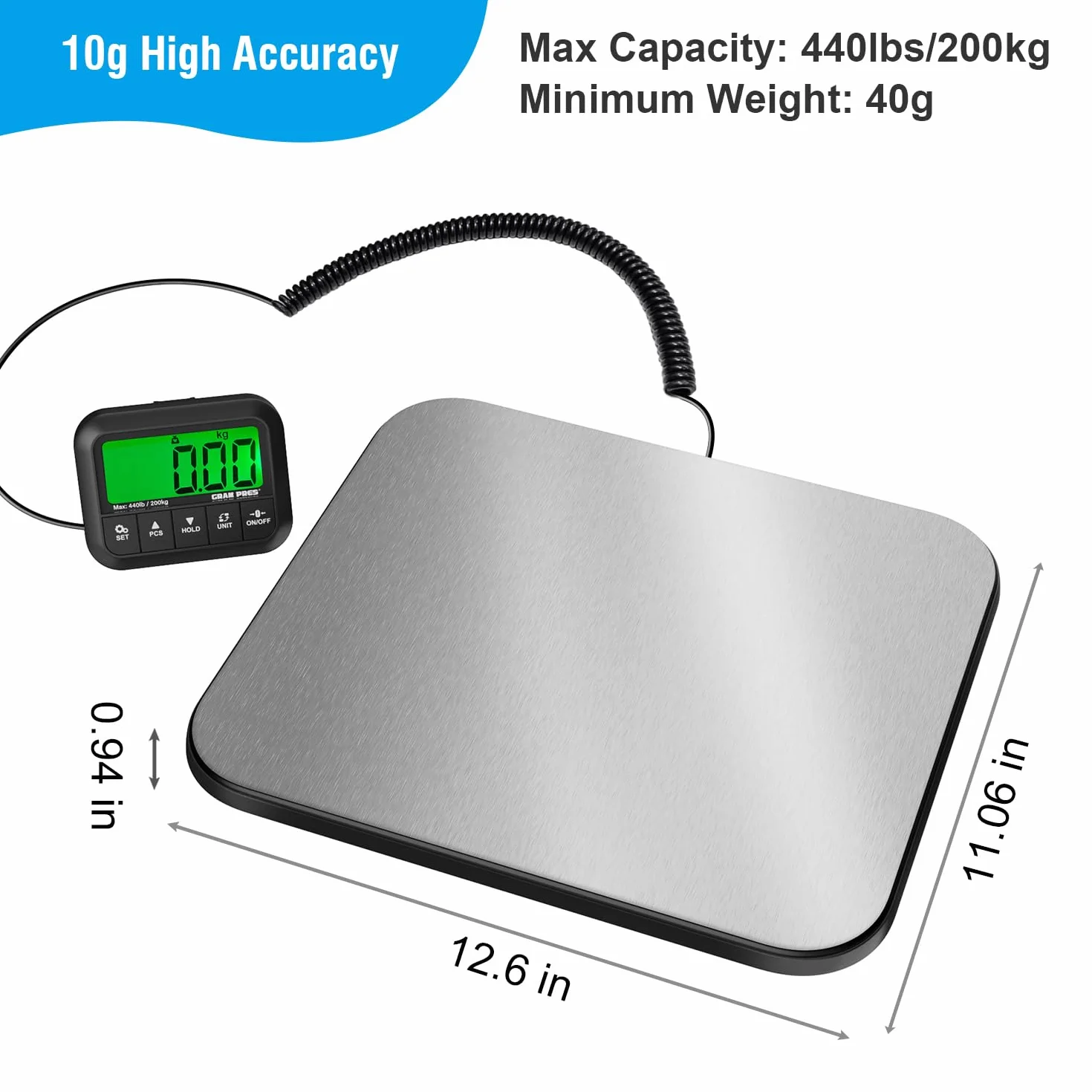 GRAM PRES Báscula de correo digital 440 lbs/10 g pantalla LCD