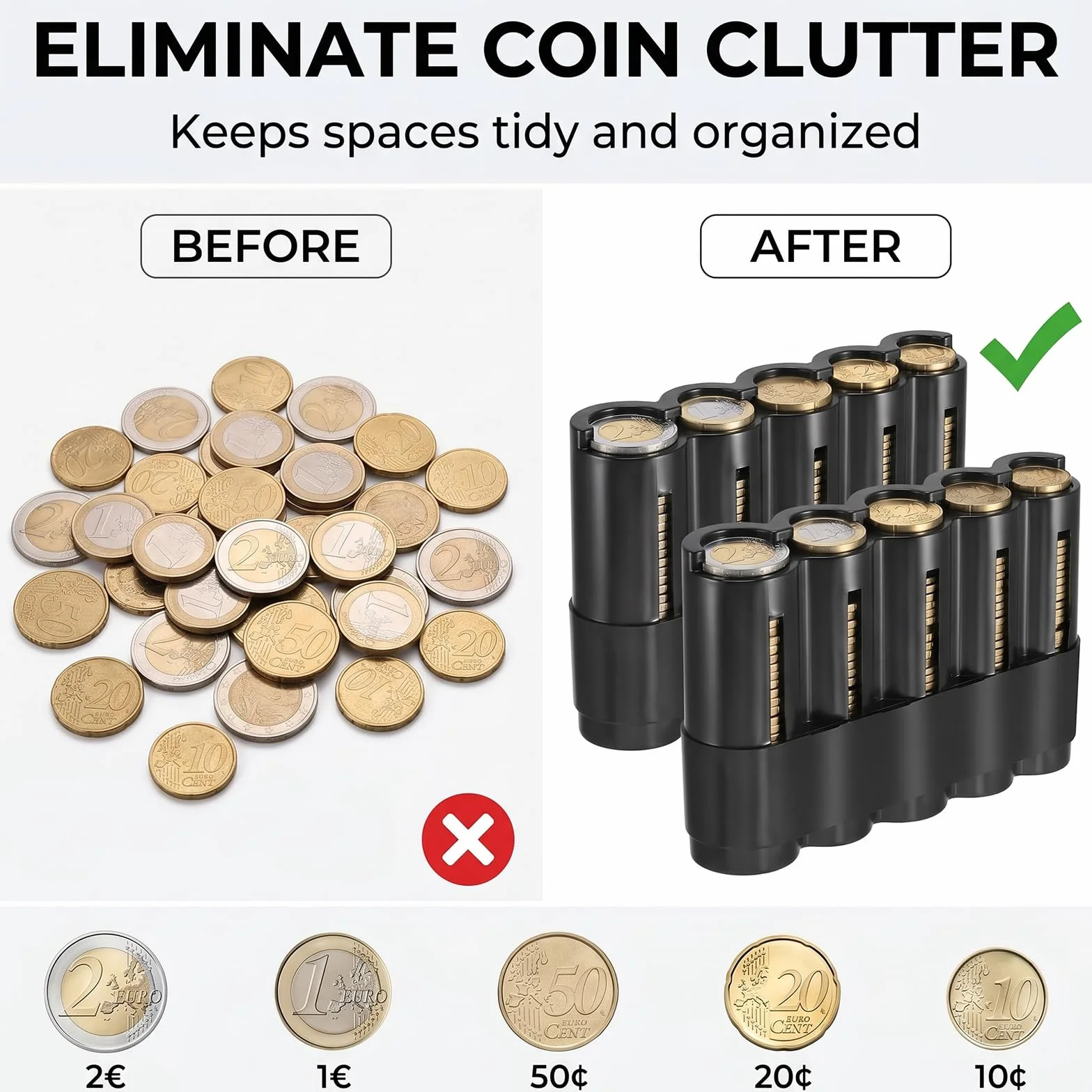 Portamonedas Clasificador Profesional 5 Compartimentos Negro Porta Monedas Euro JIAC 2 PCS