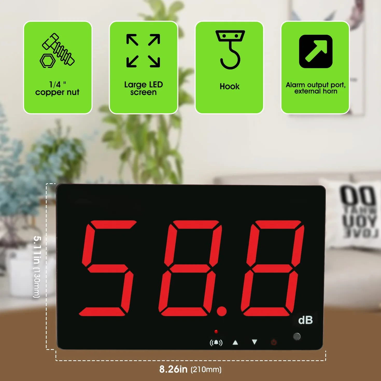 Medidor de Decibelios de Pared 30-130dB con Alarma Pantalla LCD Roja