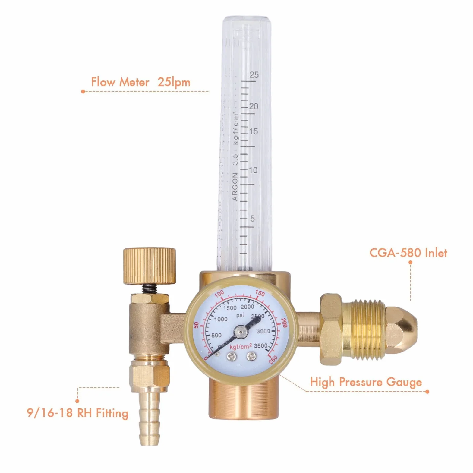 Regulador Gas Argón CO2, Reductor De PresióN Para Gas De Protección Argon/CO2 Con Medidor De Flujo, 0-3500 PSI, 0-25LPM, Cga580 Entrada, Regulador Para Gas De Soldadura MIG y TIG