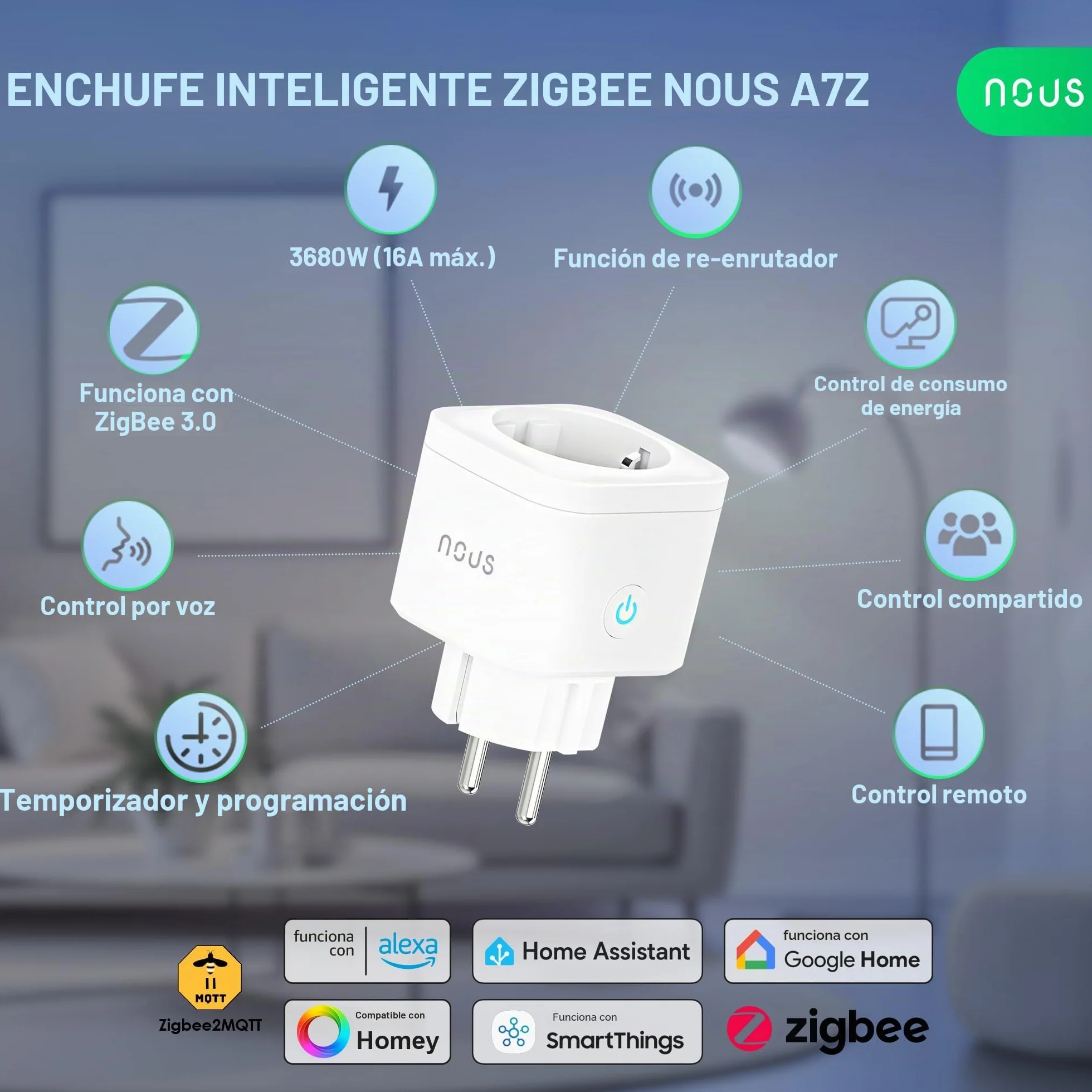 NOUS A7Z ZigBee Smart Socket con Monitorización de Energía, 16A, App y control por voz, Temporizador y Horarios, Compatible con Alexa, Google Home, Home Assistant, Tuya, Requiere ZigBee Hub, Pack of 3
