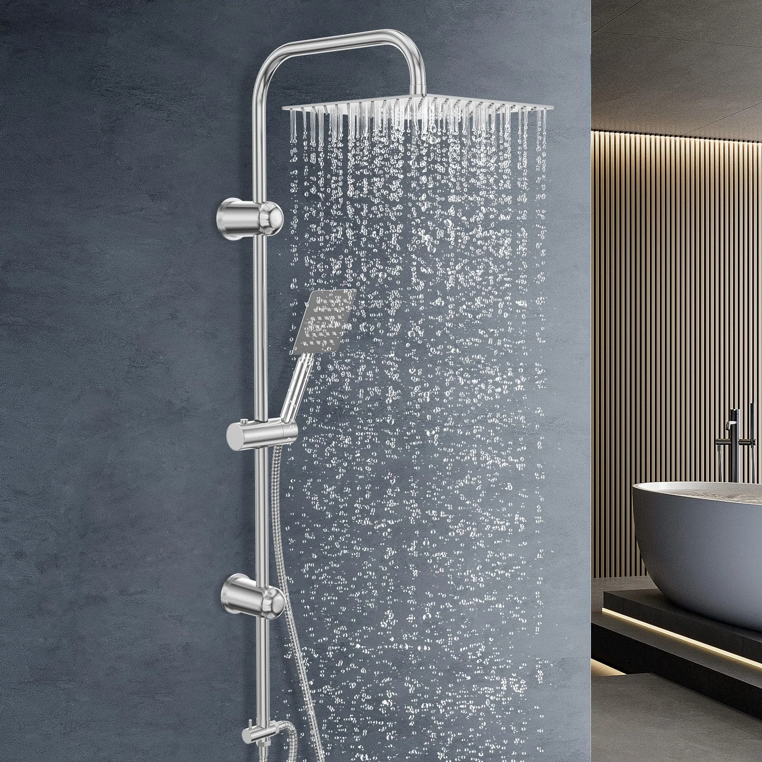 Columna Ducha Completa Acero Inoxidable Cromado Cabezal Lluvia 30x30 cm Soporte Ajustable