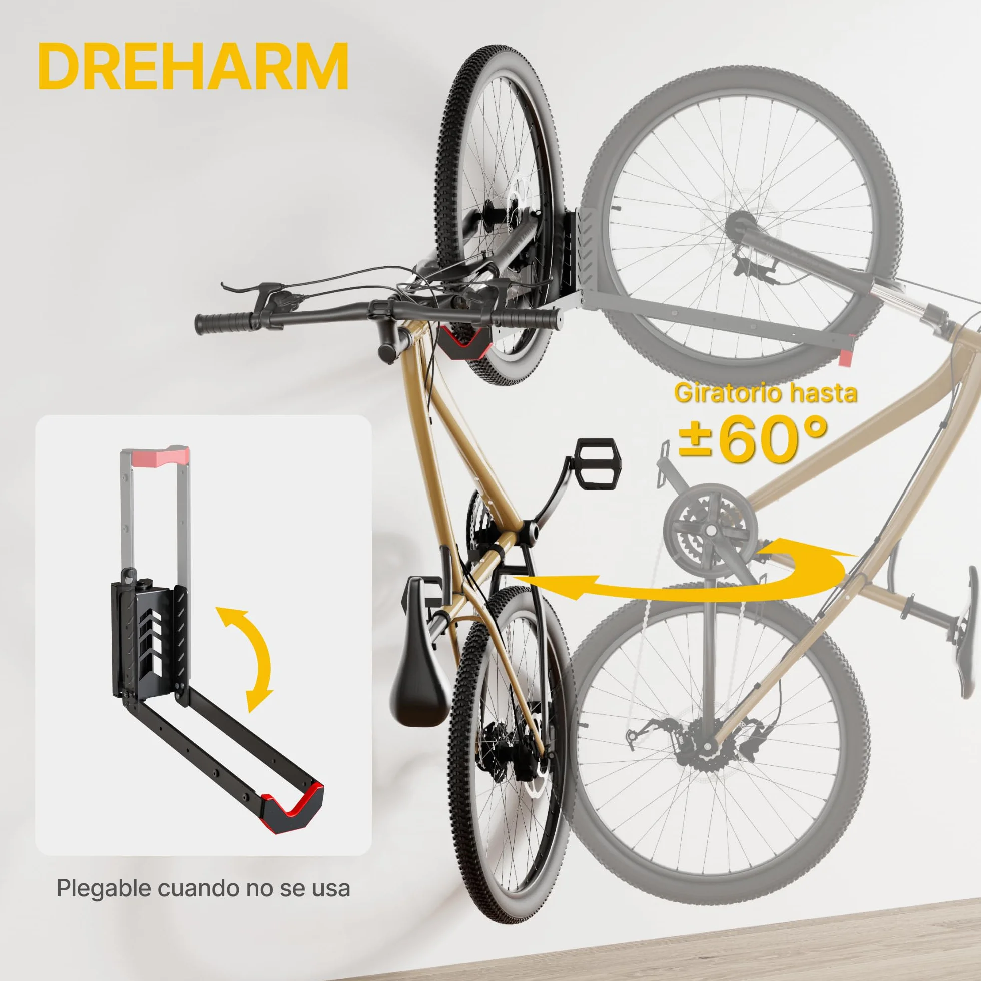 monTEK Soporte de Pared Giratorio para Bicicleta, Colgador Bicicleta Pared Ajustable y Plegable, Diseño de Elevación Fácil, Soporte de Bicicletas Ahorra Espacio para Garaje, hasta 35 kg, 2 Paquete