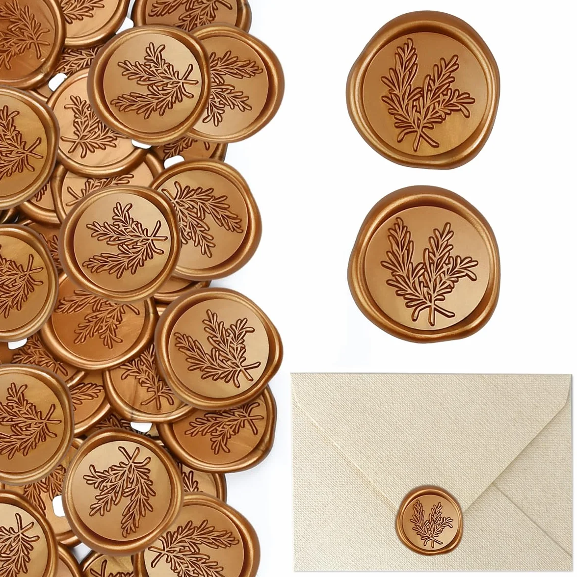 Sellos de Cera Autoadhesivo Pegatinas, 50PCS, Patrón de Romero, Doradas, para Sobres de Boda