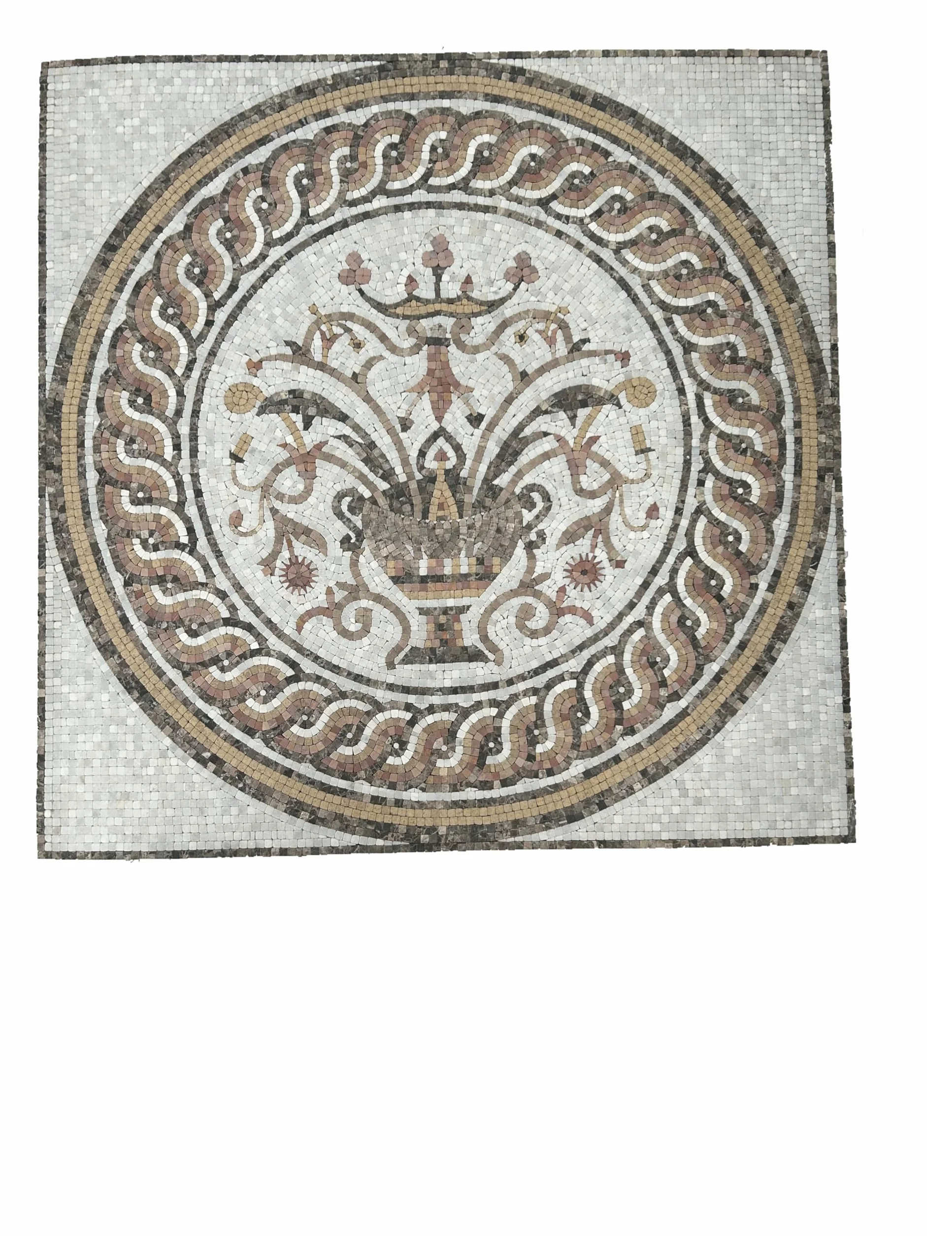Mosaico tipo romano de 100x100cm. Pegado en malla especial,. Modelo Pyocan, mármol natural