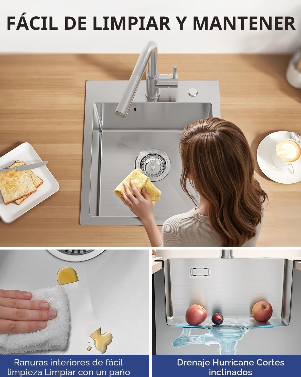 Fregadero Cocina 1 Seno 40x45cm, Fregadero Cocina en Acero Inoxidable 304, Fregaderos Sobre Encimera de Un Seno con Sifón y Juego Desagüe, Cepillado