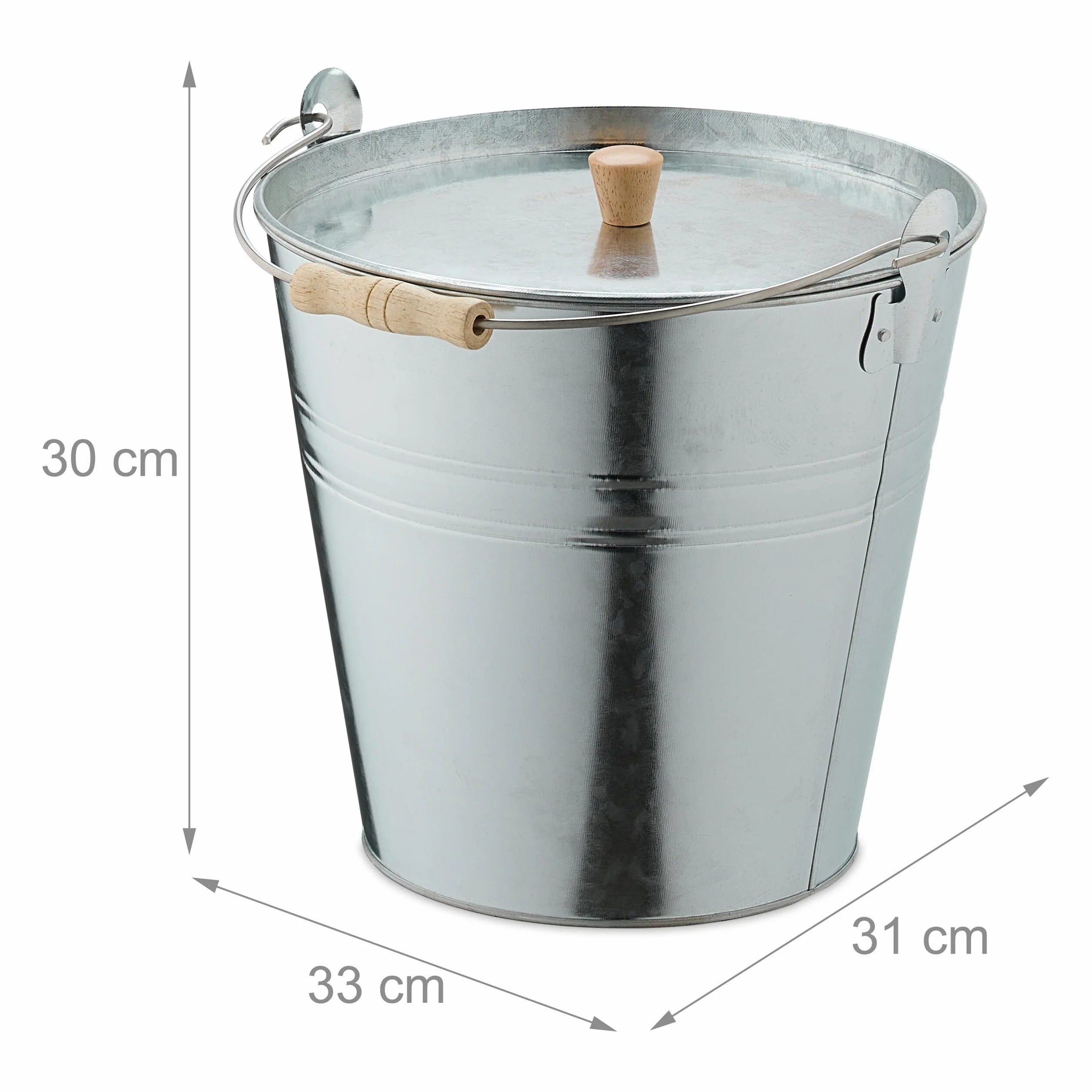 Relaxdays Cubo para Cenizas con Tapa, 12,5 L, Accesorio Chimenea, Estufa, Asa Madera, Almacenar Carbón, Acero, Plateado