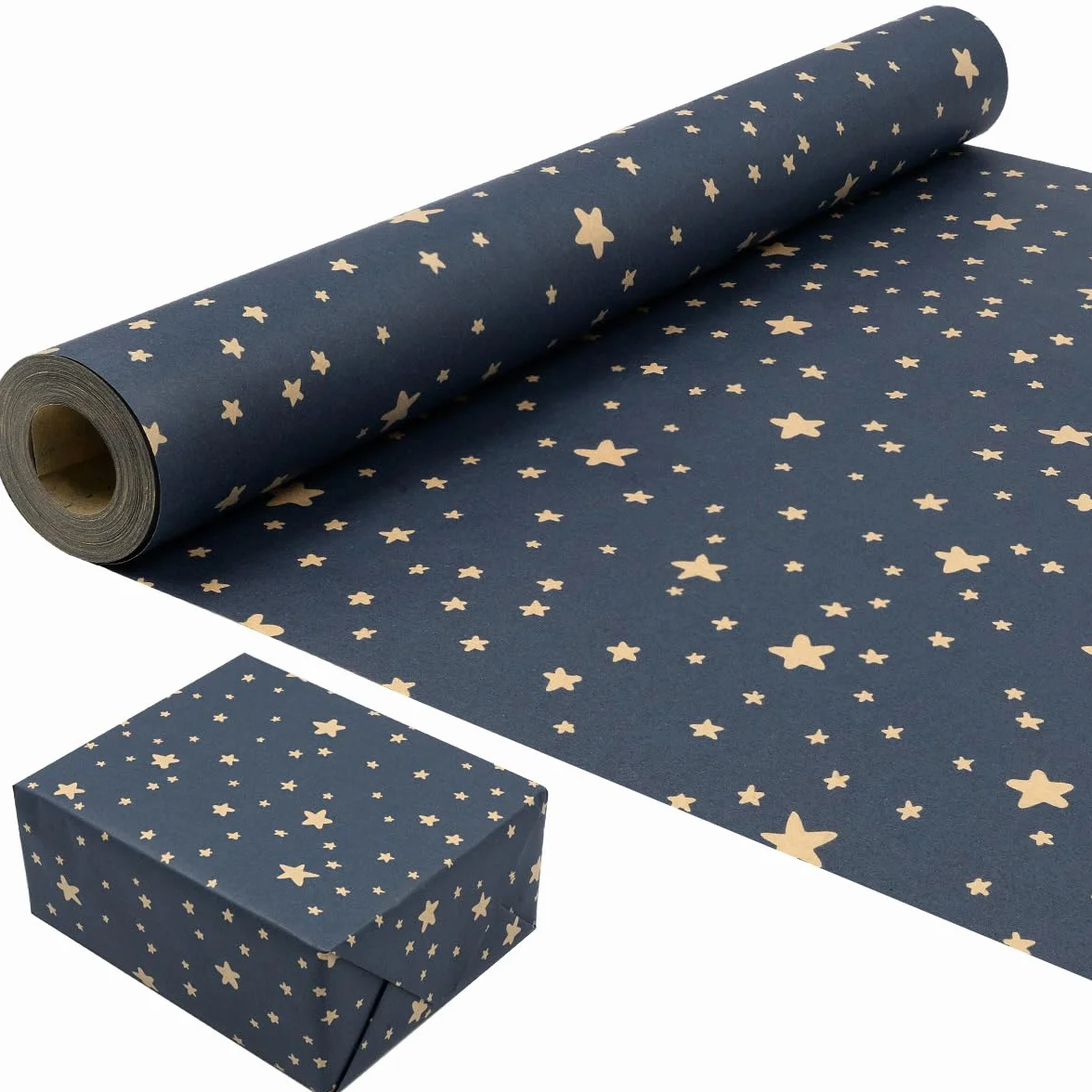 Papel de regalo Kraft reciclable azul con estrellas 43 cm x 15 m