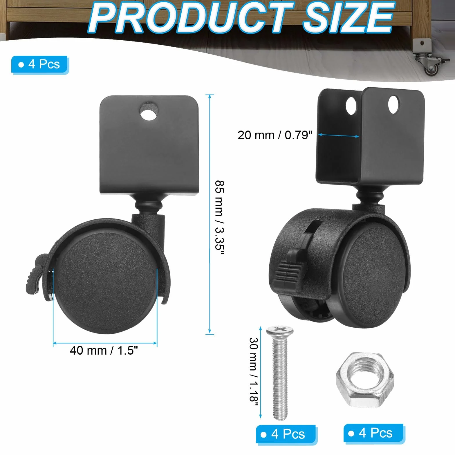 PATIKIL Rueda Giratoria De 1.5" Con Soporte En U De 0.79", Juego De 4 Ruedas Giratorias De Nylon 360° Sin Ruido Con Frenos Para Patas De Muebles Negro