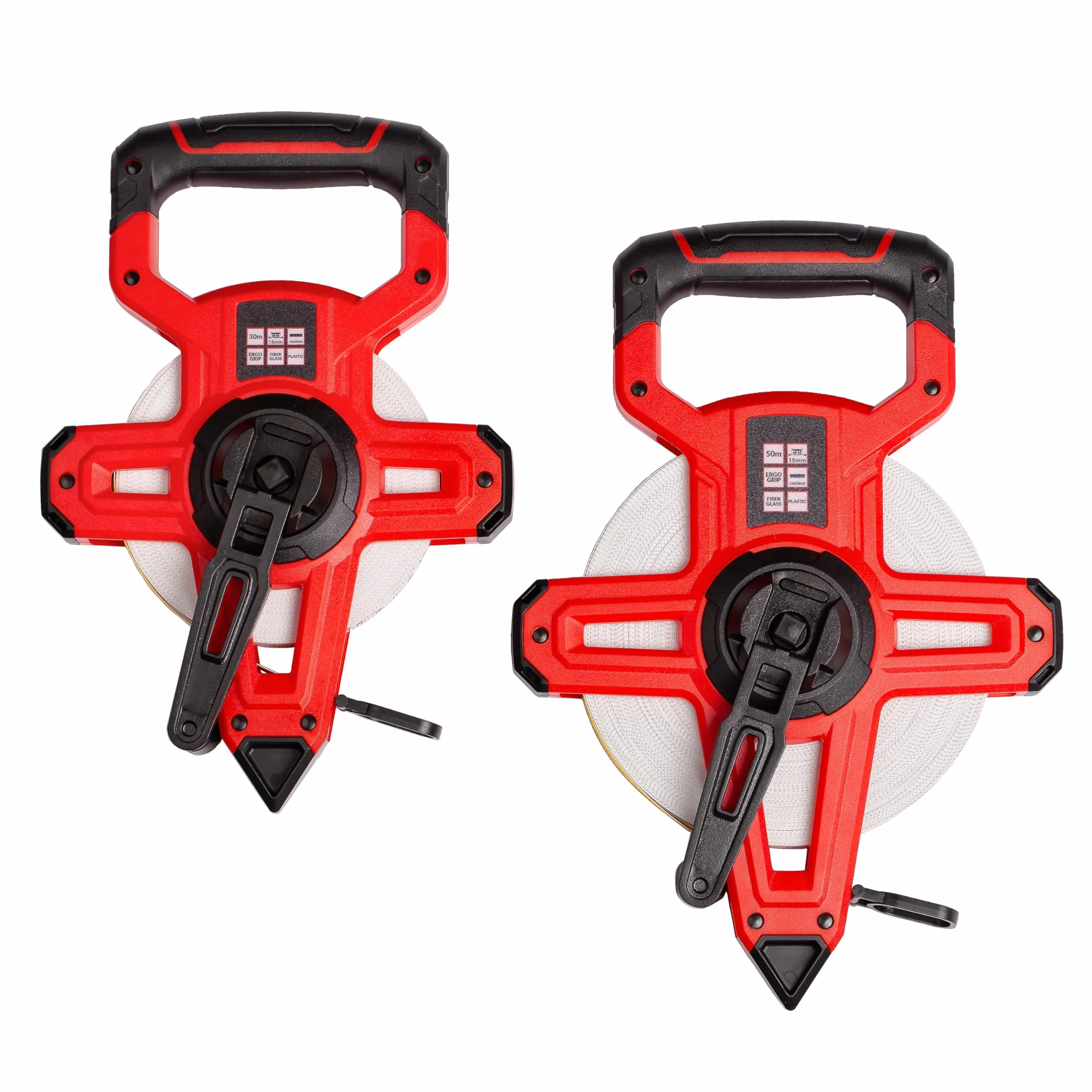 MIVOS Rollo abierto de cinta métrica 50m x 15mm - Cinta métrica de fibra de vidrio - Escala - Alimentación rápida de cinta - Carcasa de plástico ABS - Cinta métrica ergonómica y antideslizante