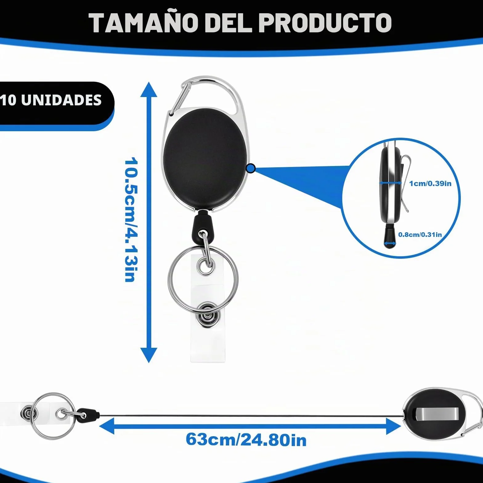 Llavero Retractil 10 Piezas con Clip para Cinturón Cordón Extensible 63 cm