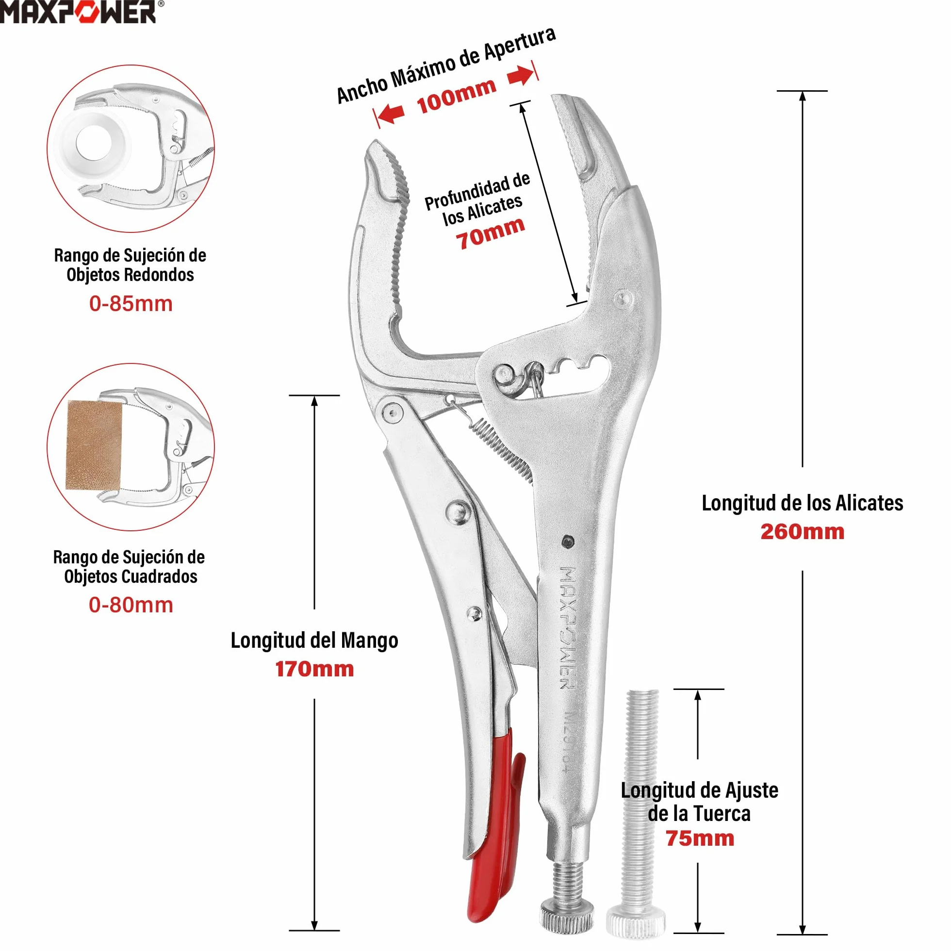 Alicate de Bloqueo, MAXPOWER Tenaza Grip Cr-V 10”/260mm con Cuatro Ajustes de Engranajes 50-100mm Mordaza Grip Locking Plier