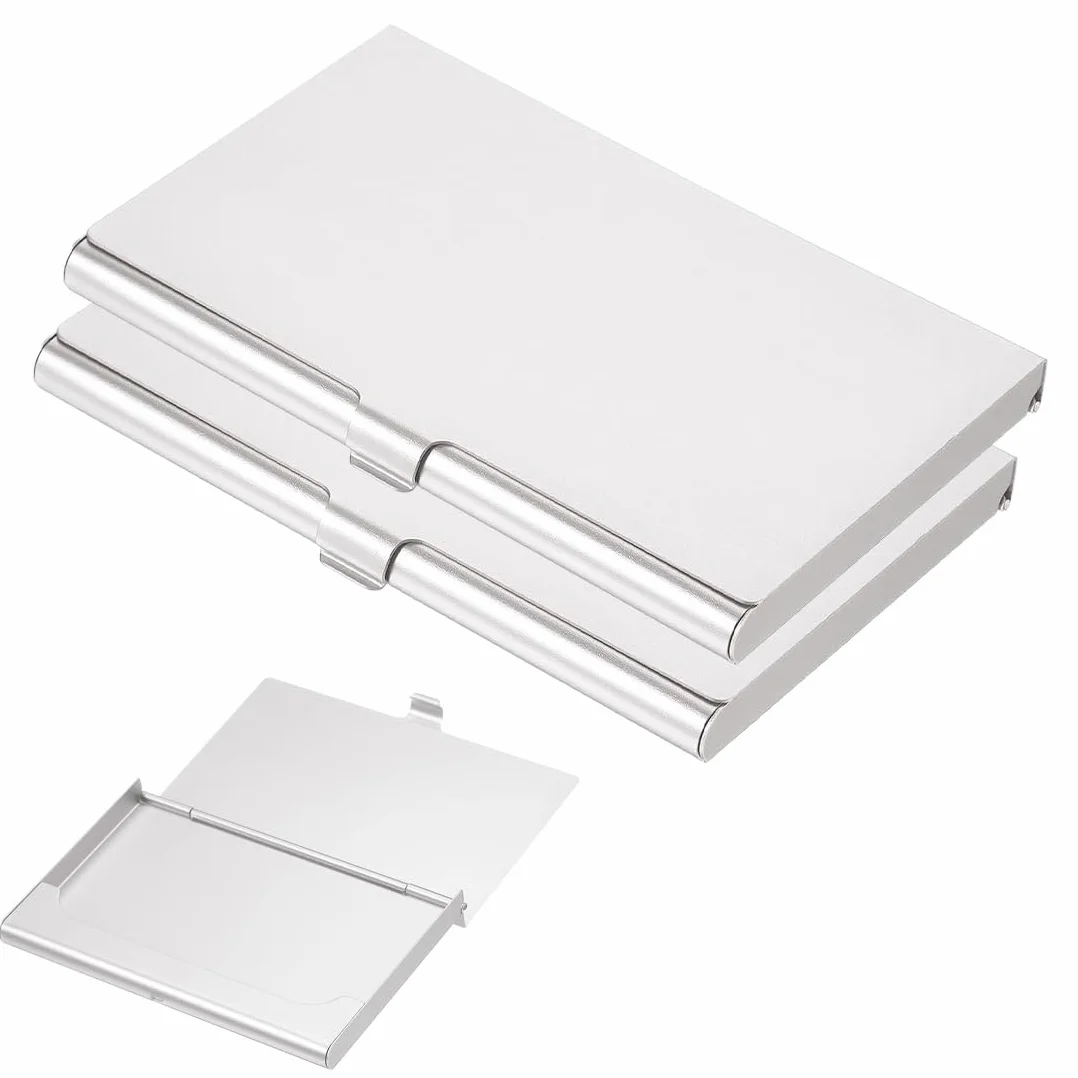 Estuches para tarjetas de visita, 2 piezas aluminio superligero para tarjetas de visita, tarjetero delgado profesional, carteras de metal para viajes y negocios para mujeres y hombres, Plata
