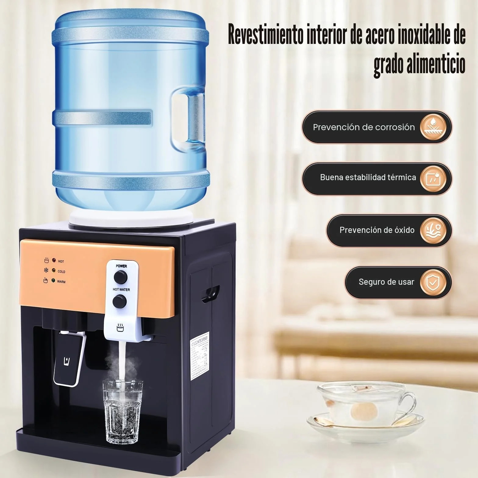 Fuente de agua caliente y fría eléctrica, dispensador de agua de mesa para oficina y cocina, acero inoxidable alimentario, calentamiento rápido 95°C, refrigeración 8°C, té, leche, café, compacto