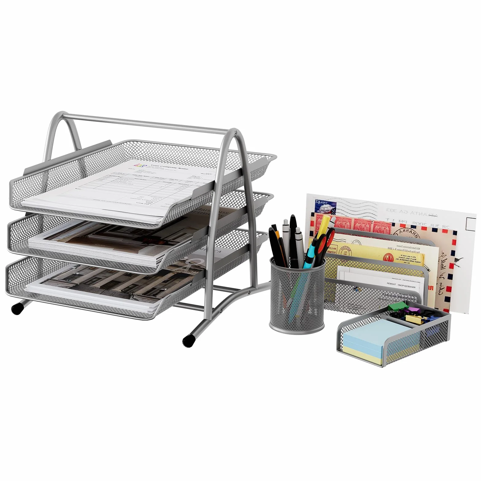 EasyPAG 4 Piezas Bandeja Escritorio A4 3 Niveles Metal Malla Almacenamiento Papeles Organizador Plateado