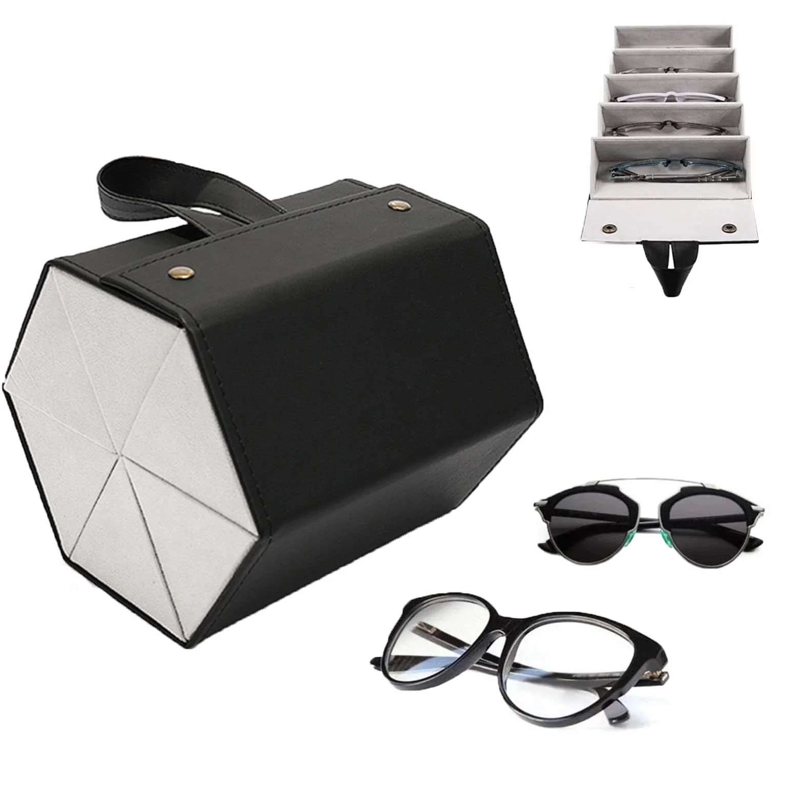 Estuche organizador de gafas de sol viaje 6 ranuras cuero PU plegable colgante Negro