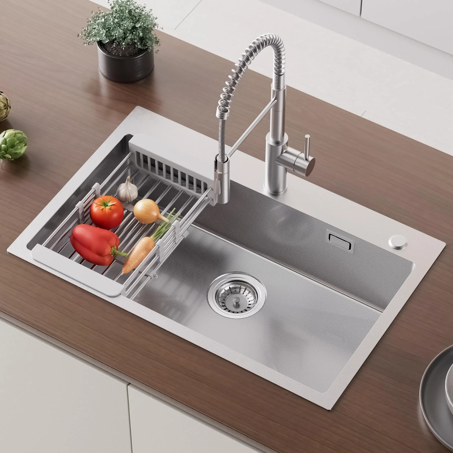 CECIPA 70×45cm Fregadero Sobre Encimera Con Cesta de Drenaje, Grande Cocina 1 Seno Para Armarios de 70cm o Más, Multifuncional de Acero Inox Con Sifón, Rebosadero y Residuos