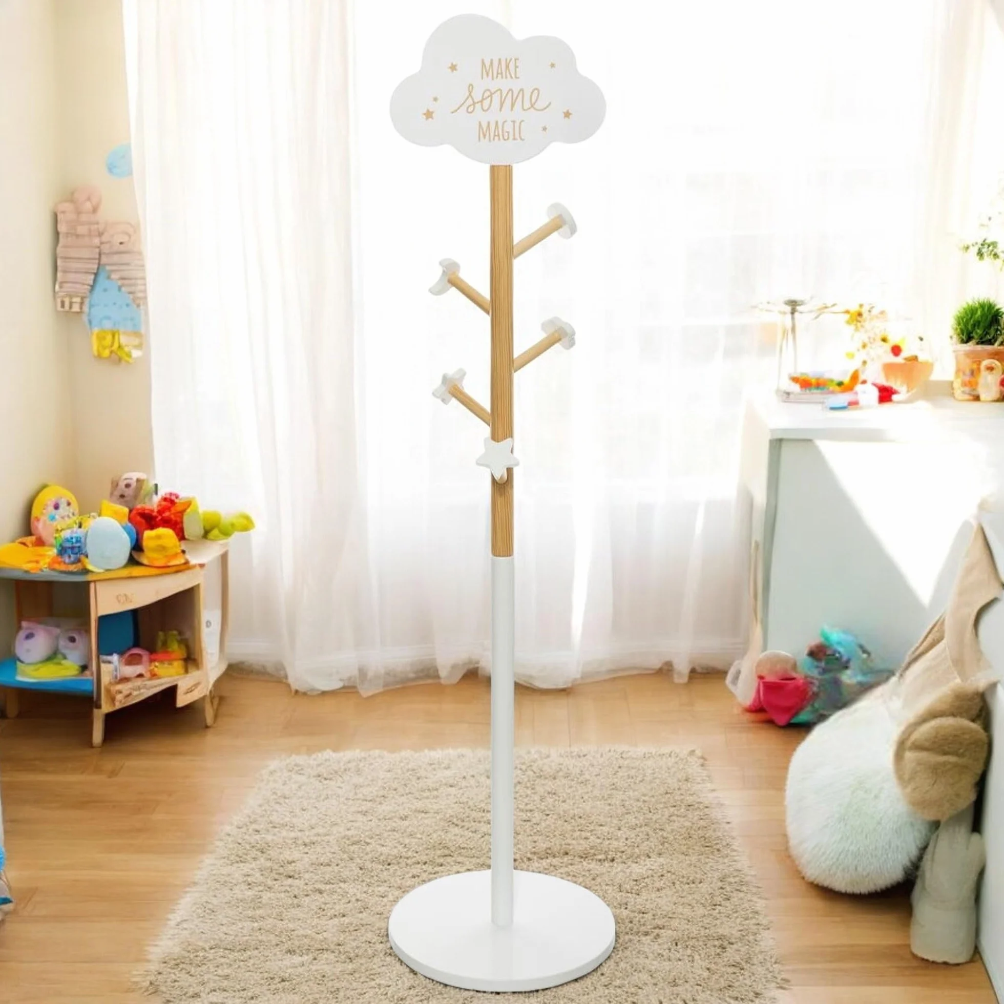 Perchero Infantil de Madera, 5 ganchos, con decoración de Nube, en Blanco, D.35 x H.135,5 cm