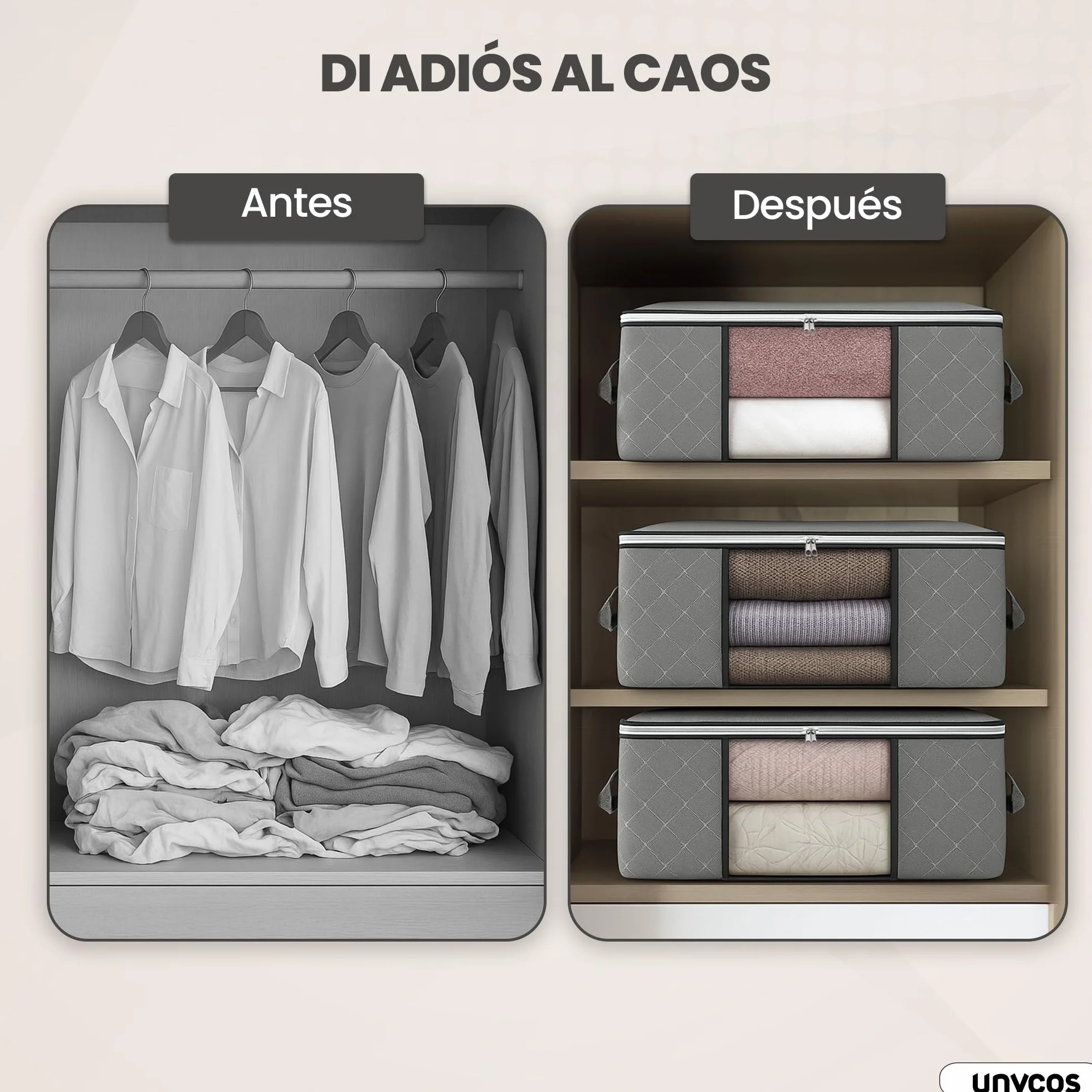 unycos Cajas Almacenaje Ropa 35L Bolsas Plegables Ventana Transparente Doble Cremallera Asas Reforzadas Organizador Toallas Edredones Juguetes 10 kg Grey Black