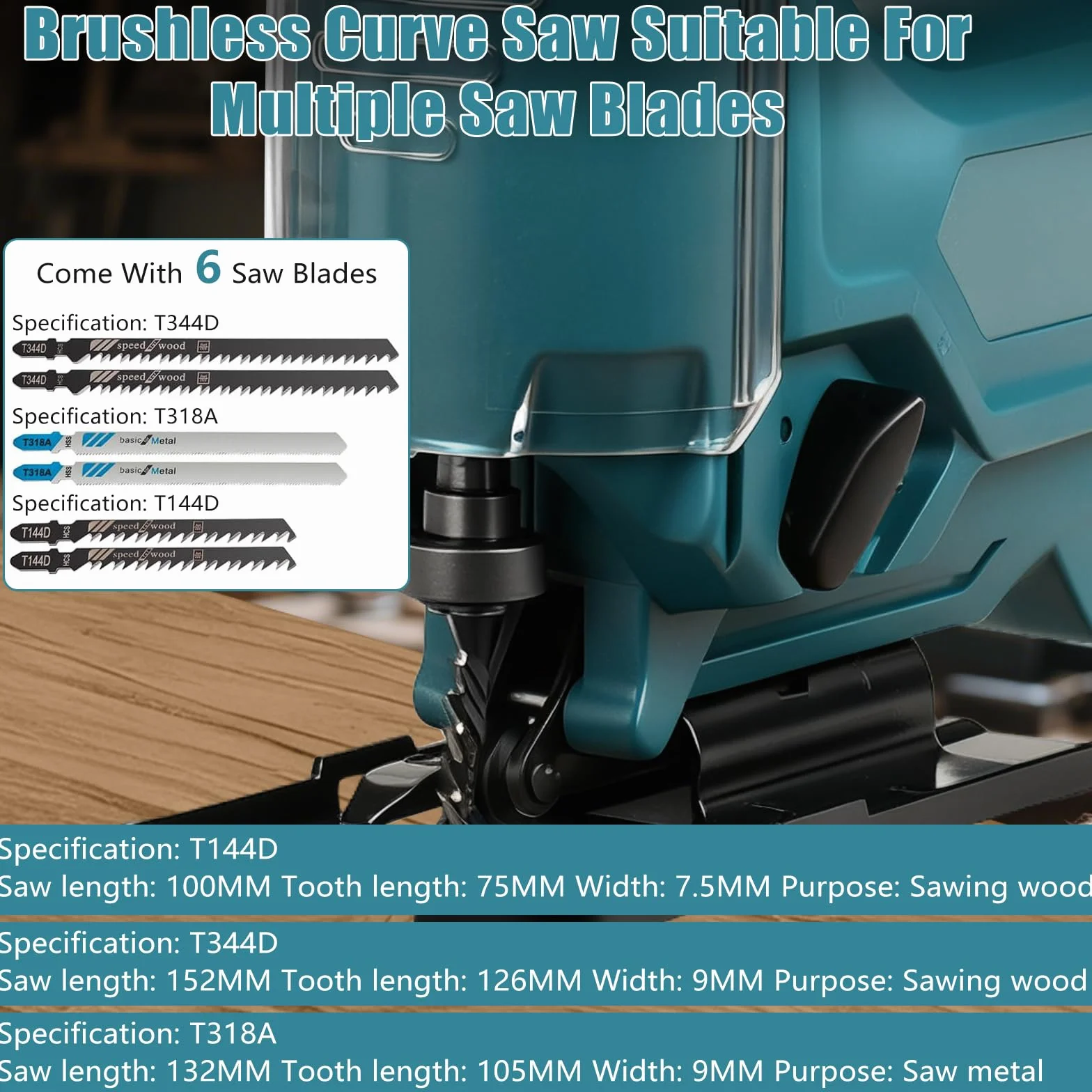 Roadtime Sierra de calar inalámbrica de 420 W para batería Makita de 18 V (sin baterías), motor sin escobillas 800-3500 RPM, ángulo de biselado máximo de 45°, carrera de corte de 26 mm, 6 cuchillas