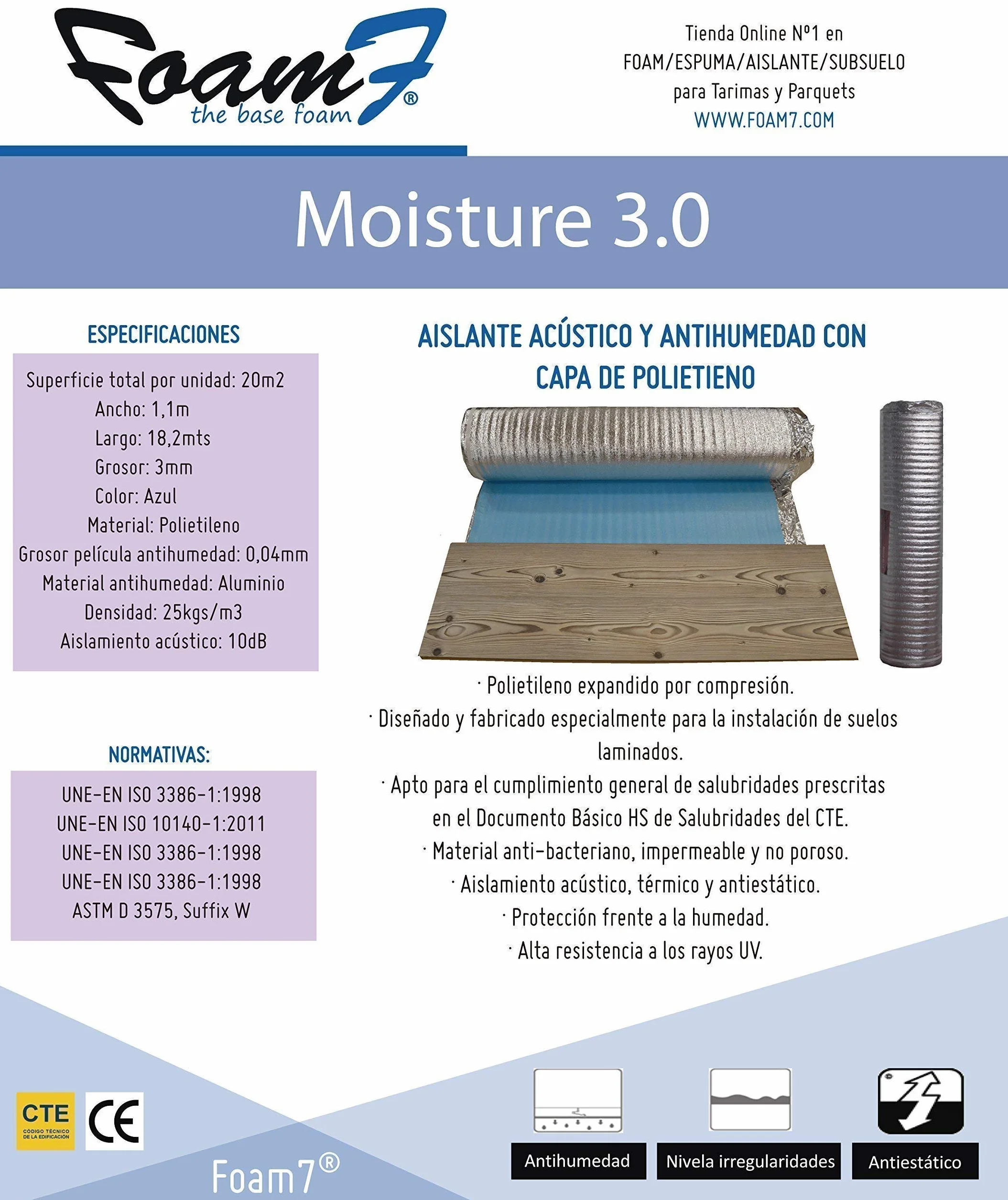 Base Aislante FOAM7 - MOISTURE 3.0 de 3mm. 20m2. Mejor Acústico Antihumedad para Tarimas y Parquet; Subsuelo Protección Metalizada. Cubre la humedad e irregularidades. PE Ecológico