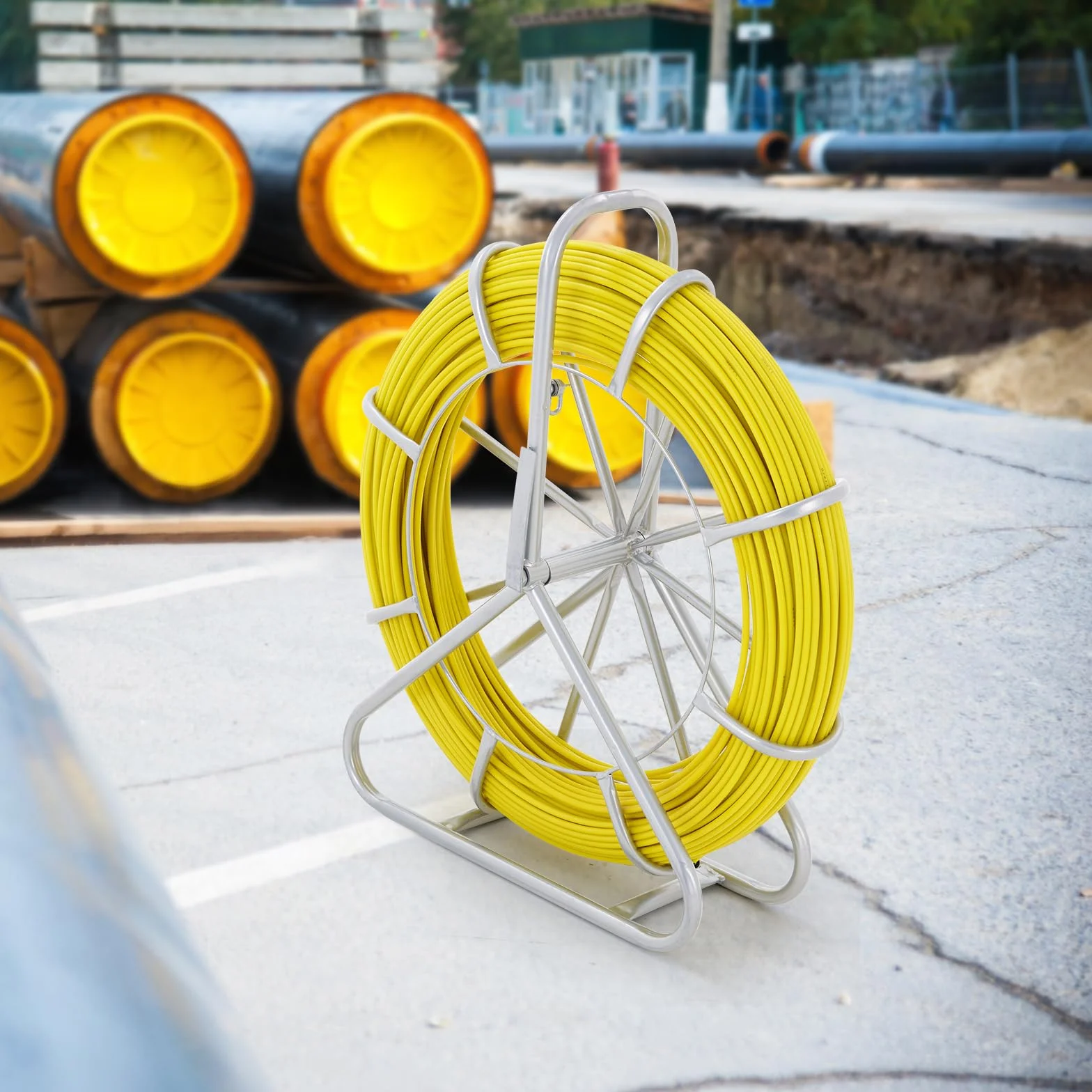 VEVOR Cinta de Fibra de Vidrio Longitud de 129,5 m 6,35 mm Tirando de Aguja Electricista de Alambre de Cable Eléctrico Extractor de Conducto Carrete de Acero de Apoyo 3 Cabezas de Tracción para Pared