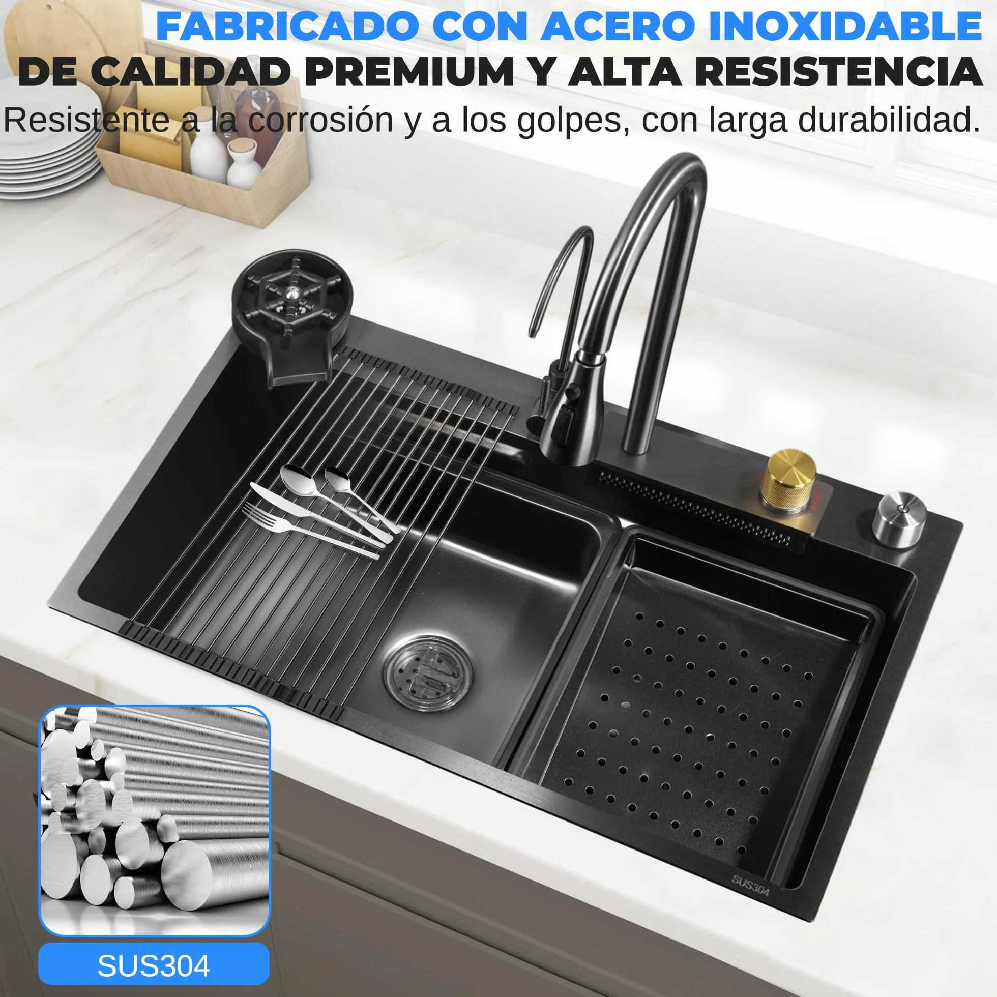 Serenelife fregadero cocina, Con grifo, Rejilla de drenaje, Canasta coladora, Tavla de cortar, Lavavasos, Acero inoxidable, Instalacion bajo o sobre encimera