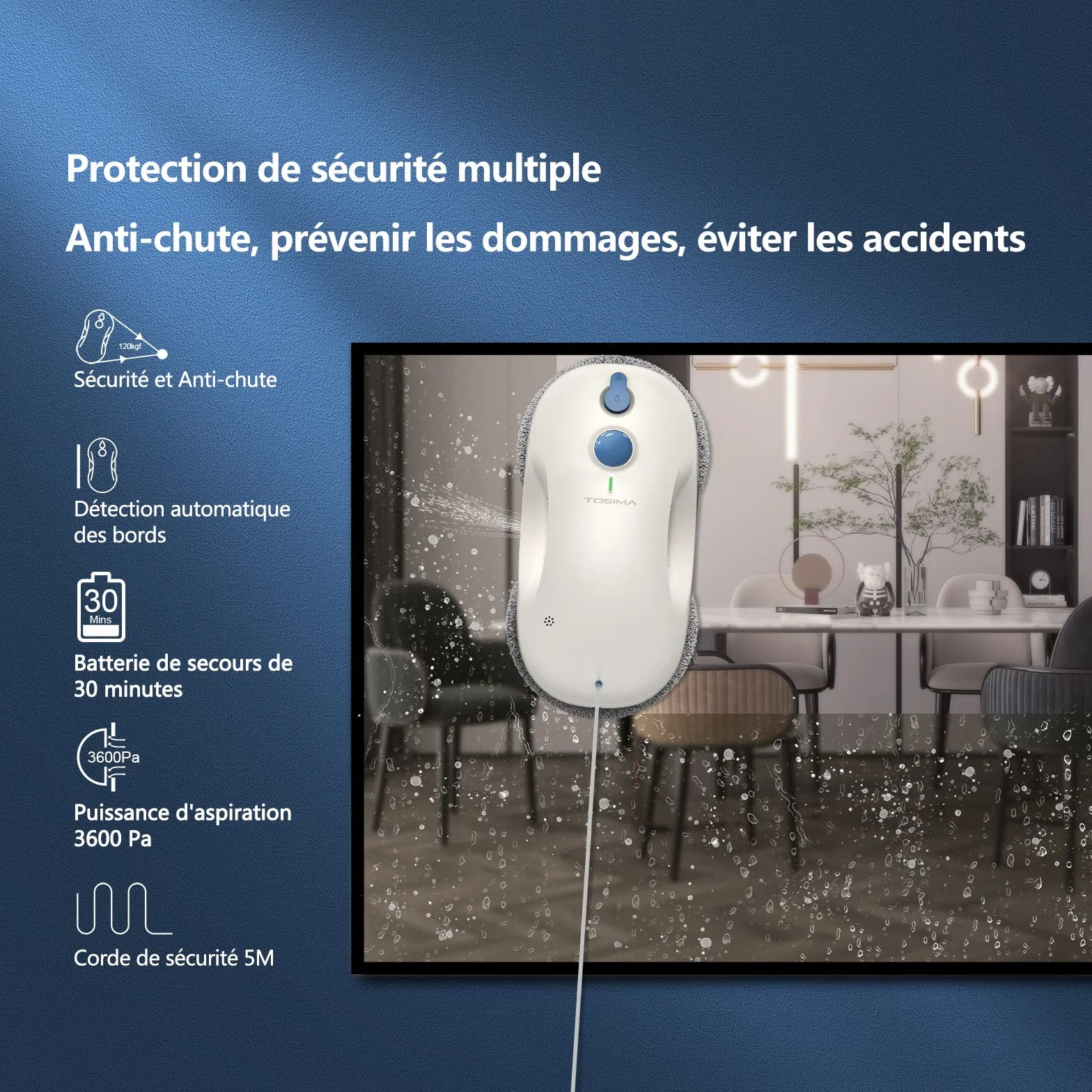 Tosima Robot Limpiacristales, Robot Limpieza de Ventanas Electrico, Sistema de Seguridad, Navegación Inteligente, Control Remoto, para Todas Las Superficies Lisas, con 12 Trapo (W3, White)