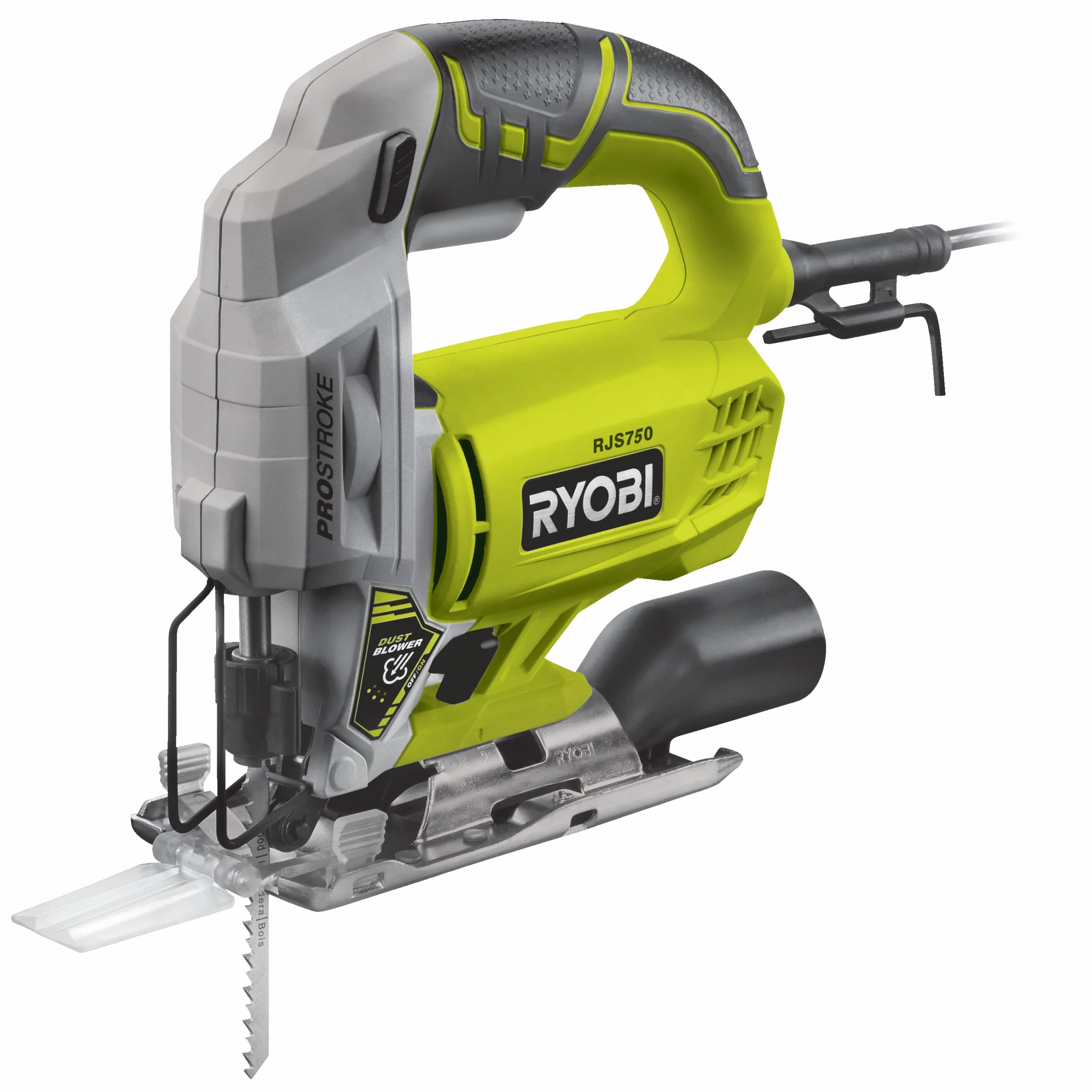 RYOBI - Sierra de Calar Pendular 220V, 500W, 3000cps/min, Inclinación 0 a 45° Derecha e Izquierda, Mango GripZone, Soplador, Cuchilla Divisora, Gatillo de Bloqueo, Uso en Madera y Metal - RJS750-G