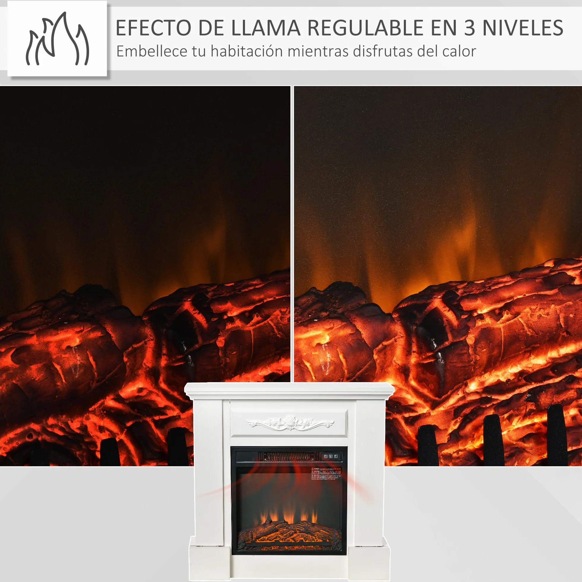 HOMCOM Chimenea Eléctrica 1800W Chimenea Decorativa con Marco Efecto de Llama Mando a Distancia Temporizador Protección contra Sobrecalentamiento para Sala 30 m² Blanco