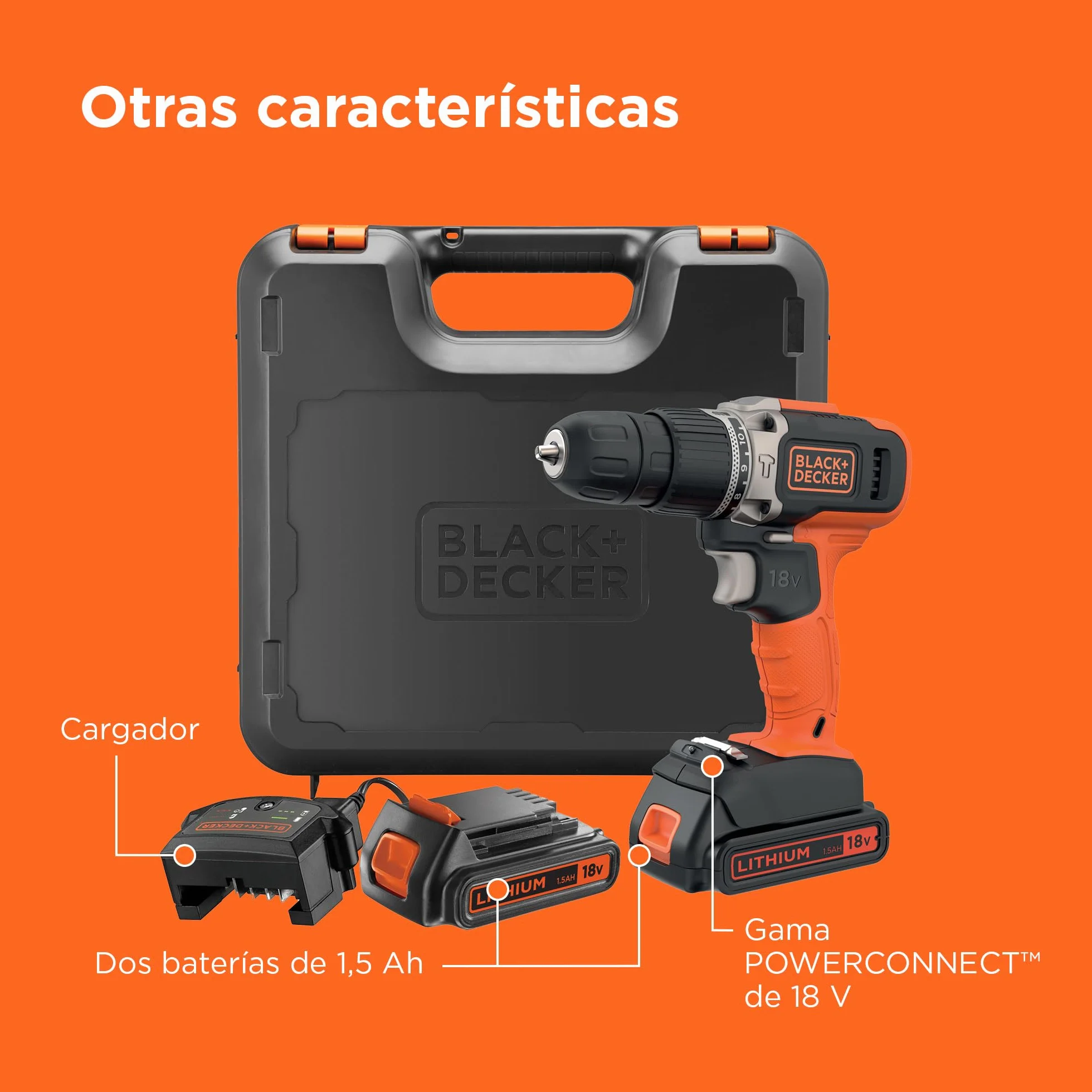 BLACK+DECKER Taladro percutor inalámbrico de 18V y 2 velocidades con dos baterías de 1,5Ah y cargador de 400mA, par de 45Nm, luz de trabajo LED y maletín, BCD003C2K-QW