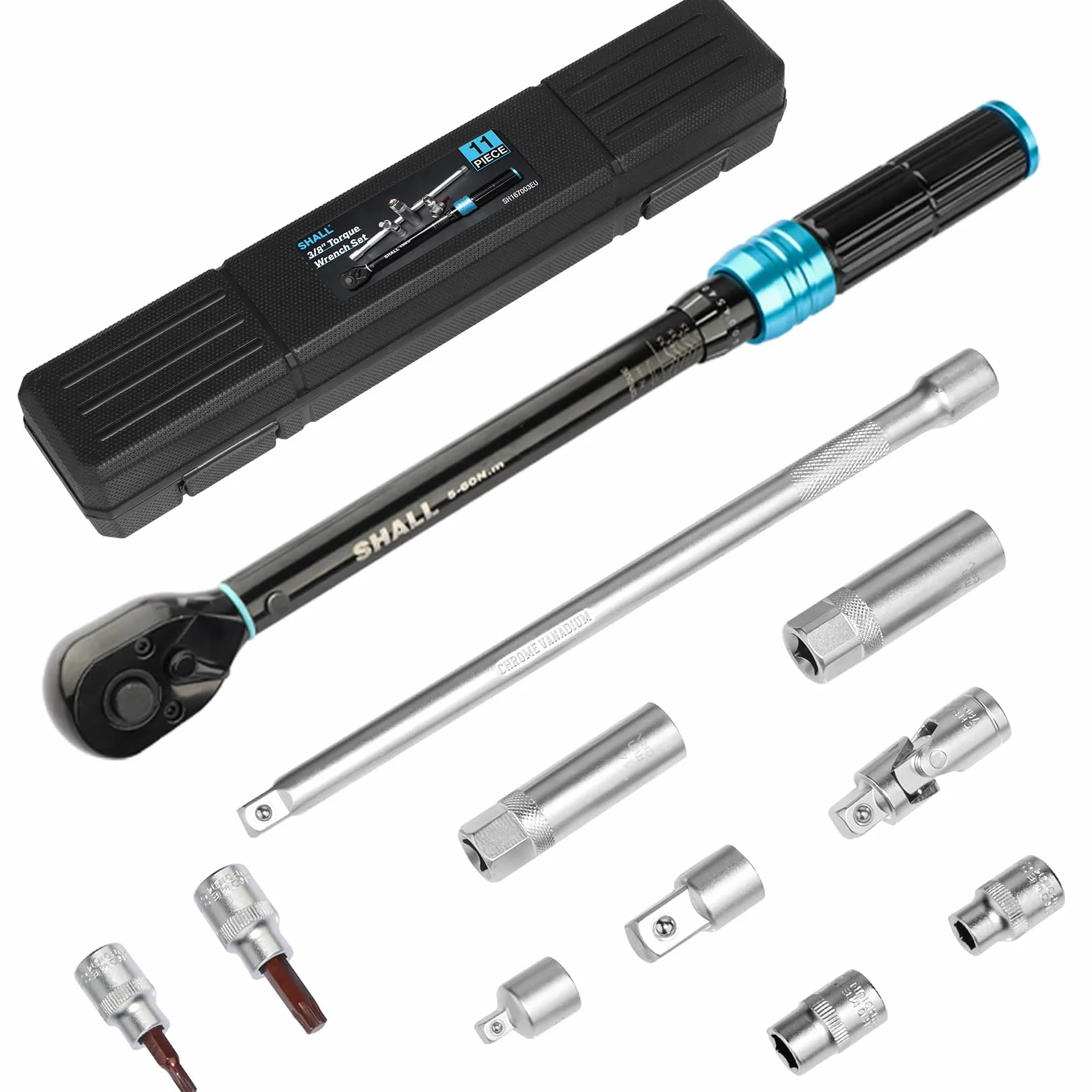 SHALL Juego de llaves dinamométricas de 3/8" de 11 piezas (5-60 Nm), adecuadas para el mantenimiento de automóviles y motocicletas, con poste de extensión y caja de almacenamiento