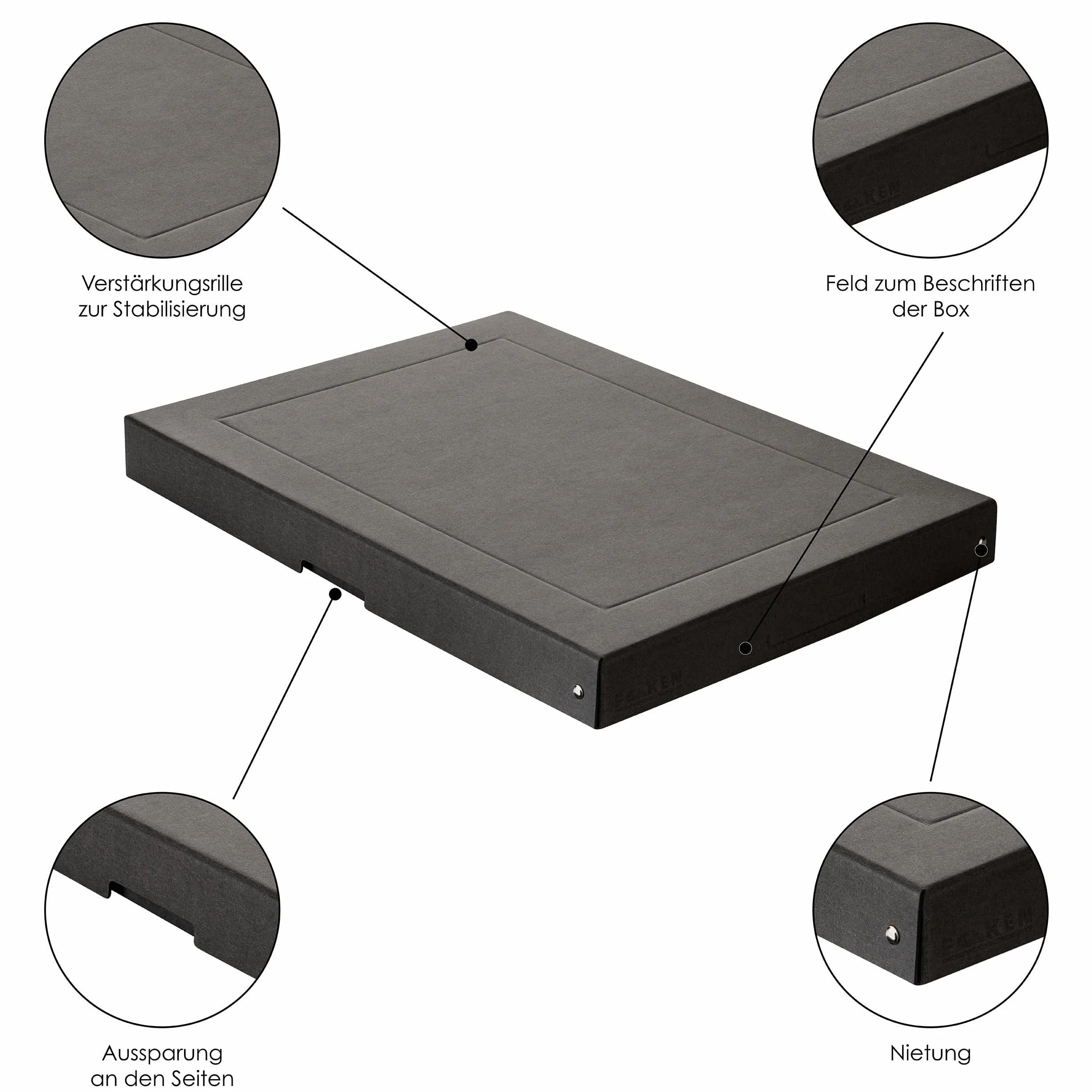 FALKEN PureBox Caja de almacenamiento con tapa 40 mm DIN A3 cartón reciclado negro