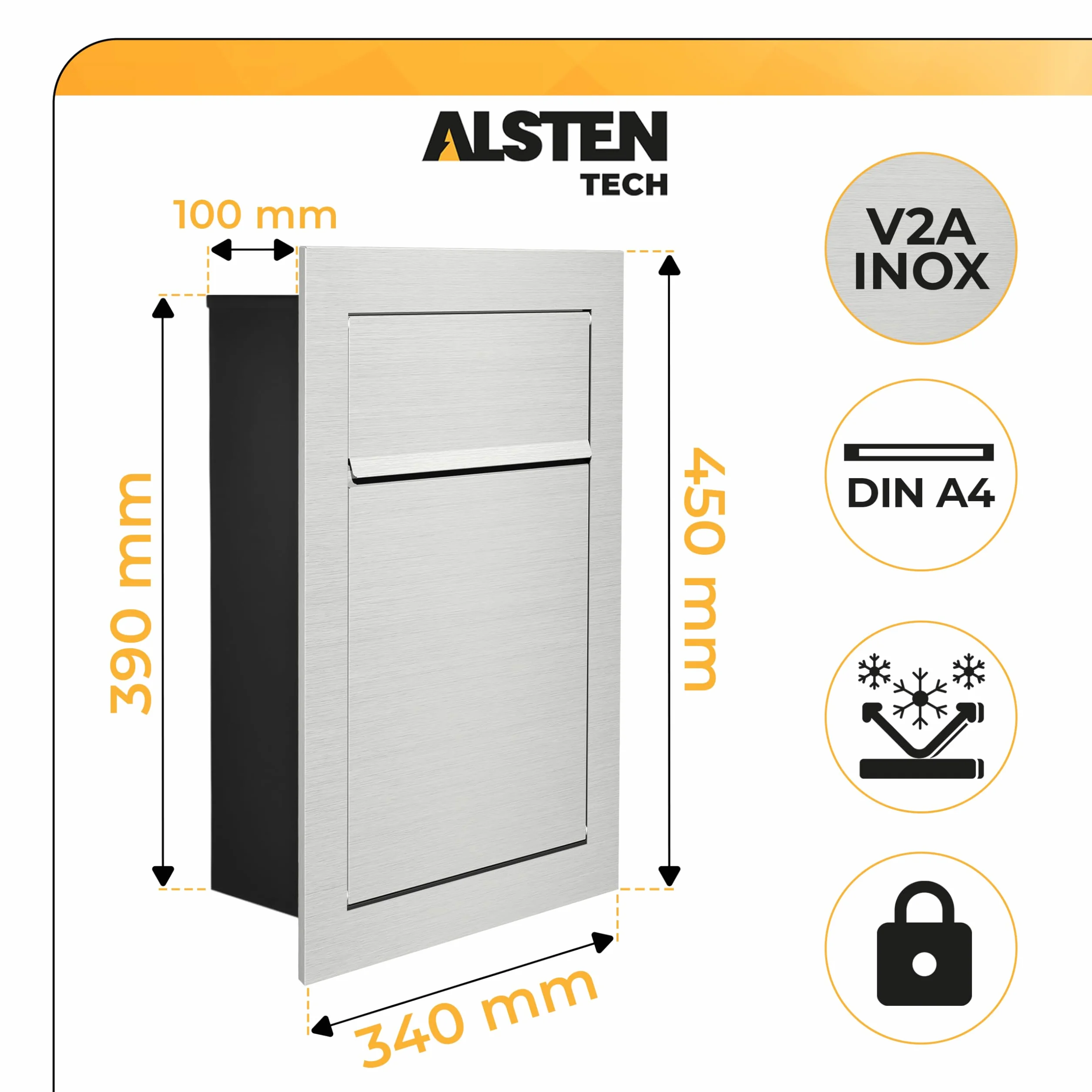 Buzón empotrado de acero inoxidable INOX, empotrable a ras, resistente a la intemperie, montaje en pared con cerradura, placa de identificación, DIN A4, adecuado para sobres DIN A4