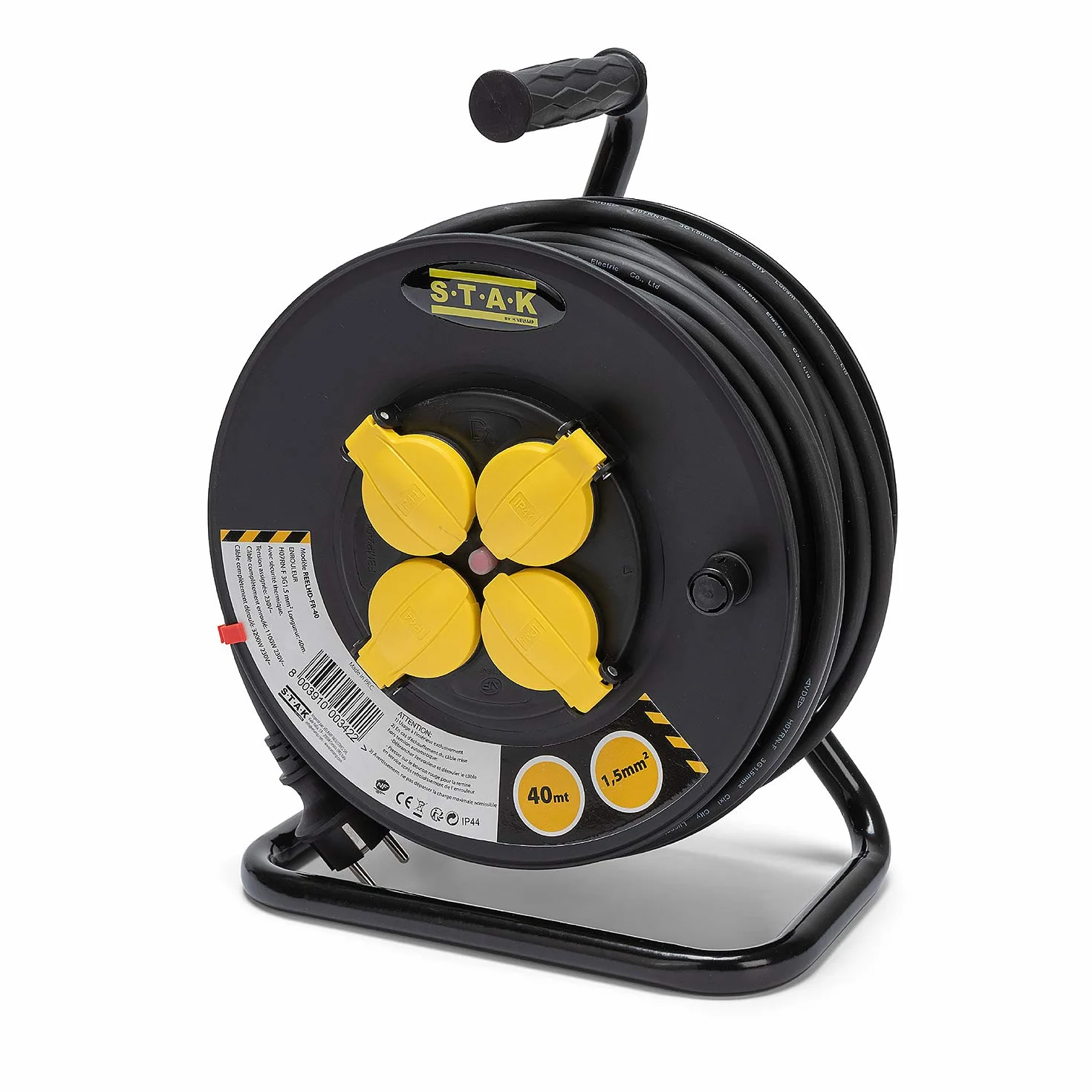 Stak REELHD-FR-40 - Enrollador eléctrico Profesional Resistente al Agua IP44 Cable 40 m de Goma 3G1,5 mm2 para Obras, Bricolaje, jardín, 4 enchufes, Estructura de Acero, Color Negro