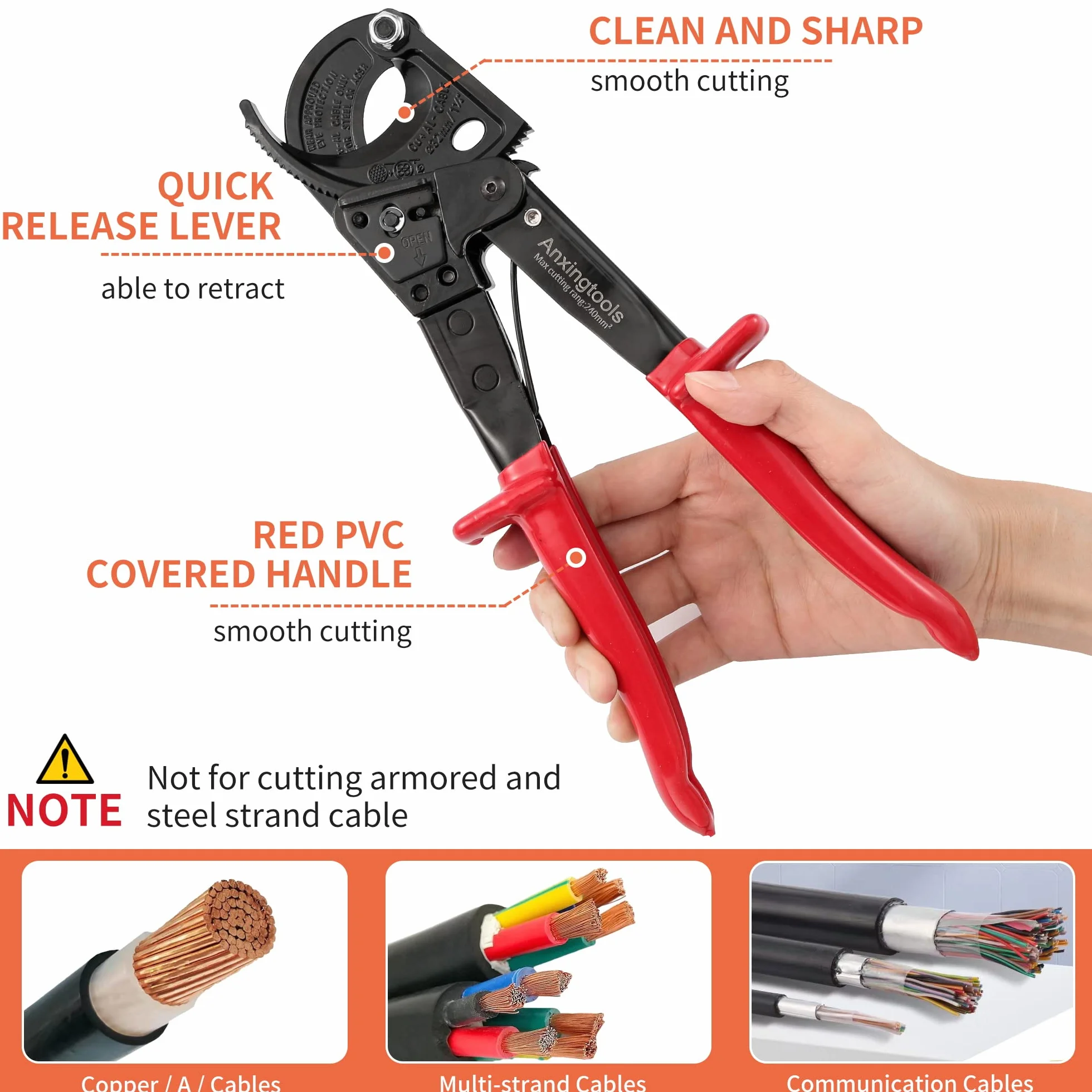 Cortadores de carraca, Anxingtools HS325 Cortaalambres de alta resistencia para cable de cobre y aluminio de hasta 240 mm², cortadores de cable de carraca