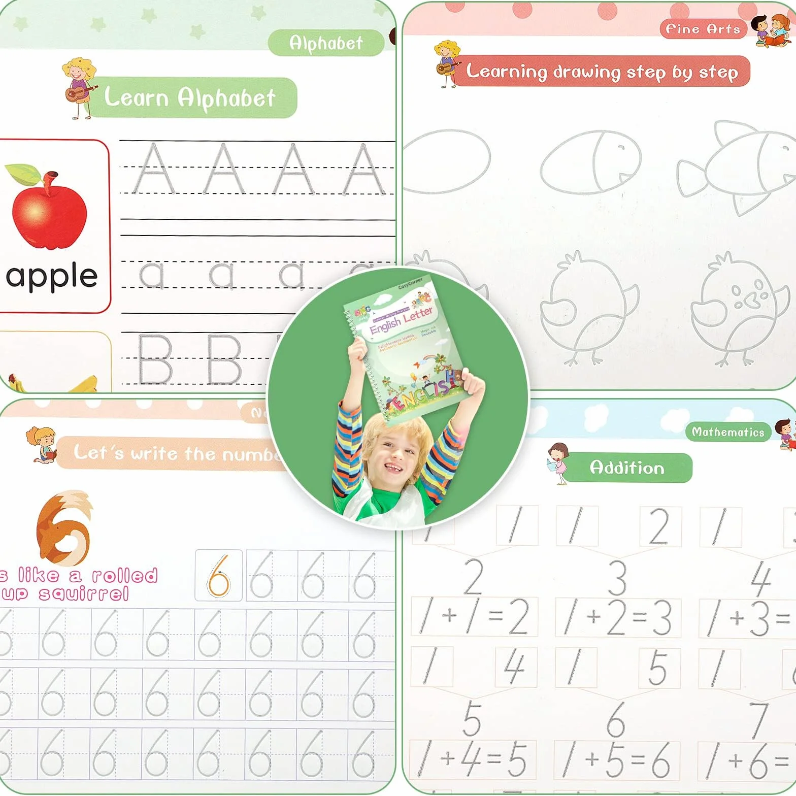 ASIGN Magic Ink Copybooks para niños, libros de trabajo reutilizables de escritura a mano para preescolares, diseño de plantilla y ayuda para escribir a mano (versión ampliada, 4 libros)