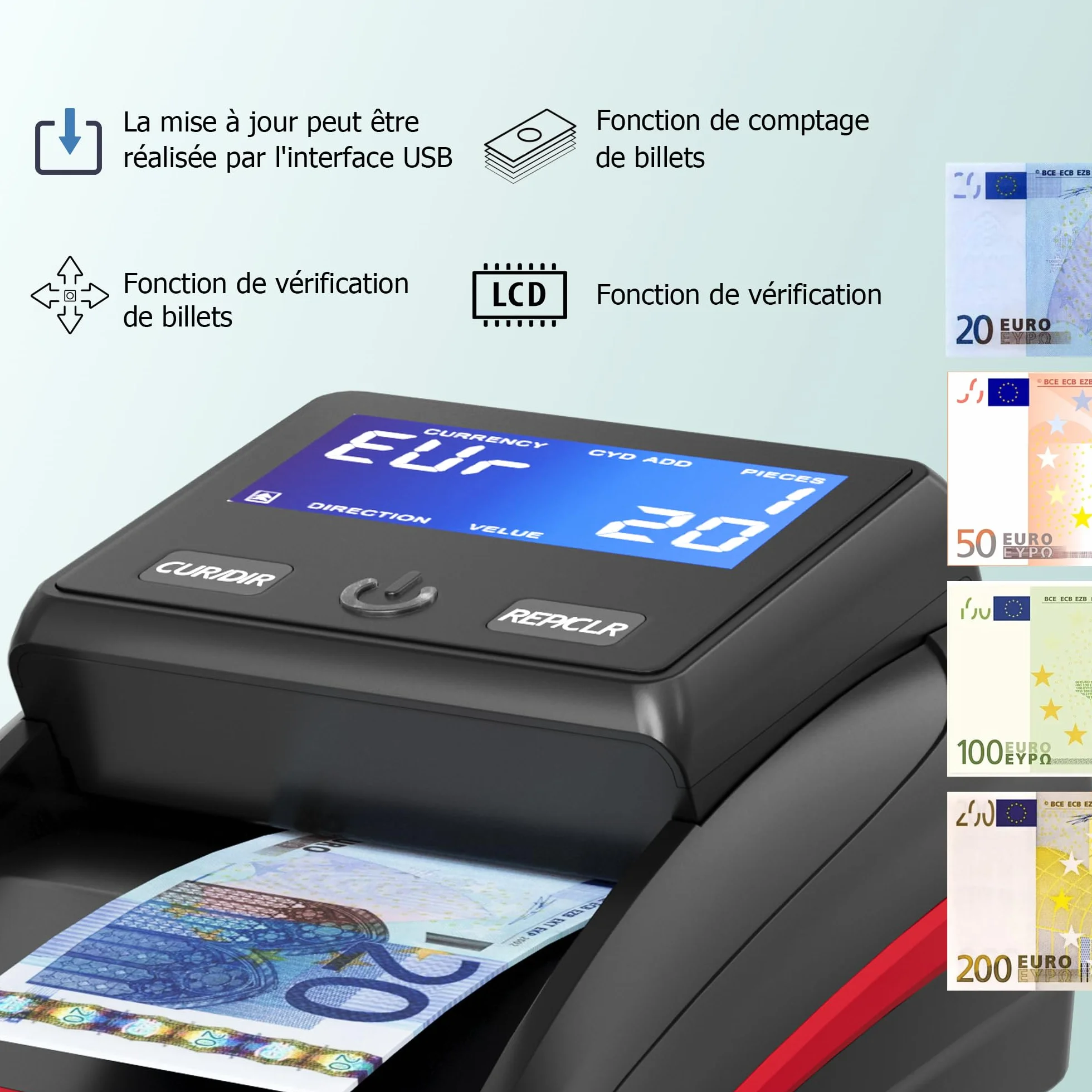 Detector de billetes falsos Euro automático con batería recargable