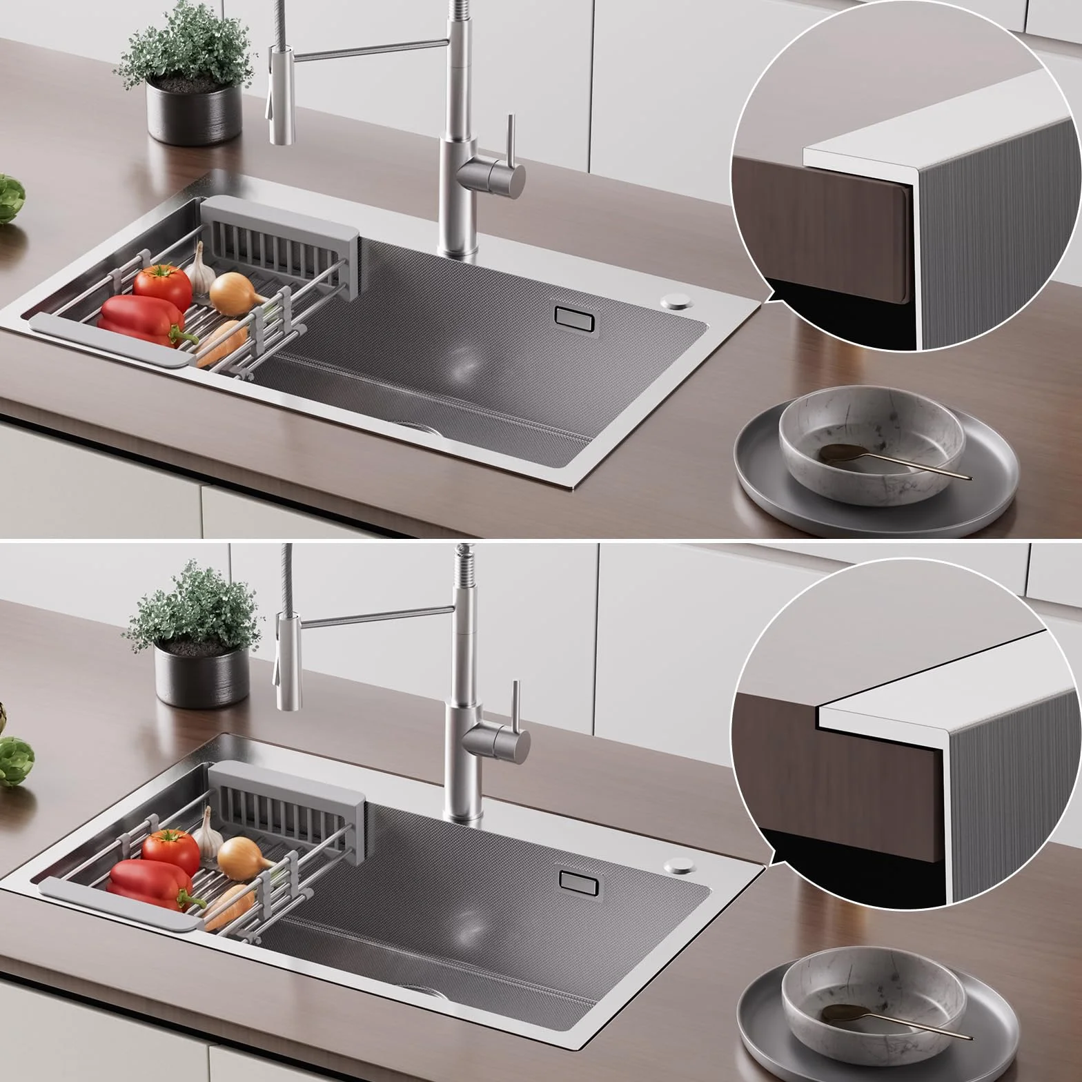 CECIPA 70×45cm Fregadero Sobre Encimera Con Cesta de Drenaje, Grande Cocina 1 Seno Para Armarios de 70cm o Más, Multifuncional de Acero Inox Con Sifón, Rebosadero y Residuos
