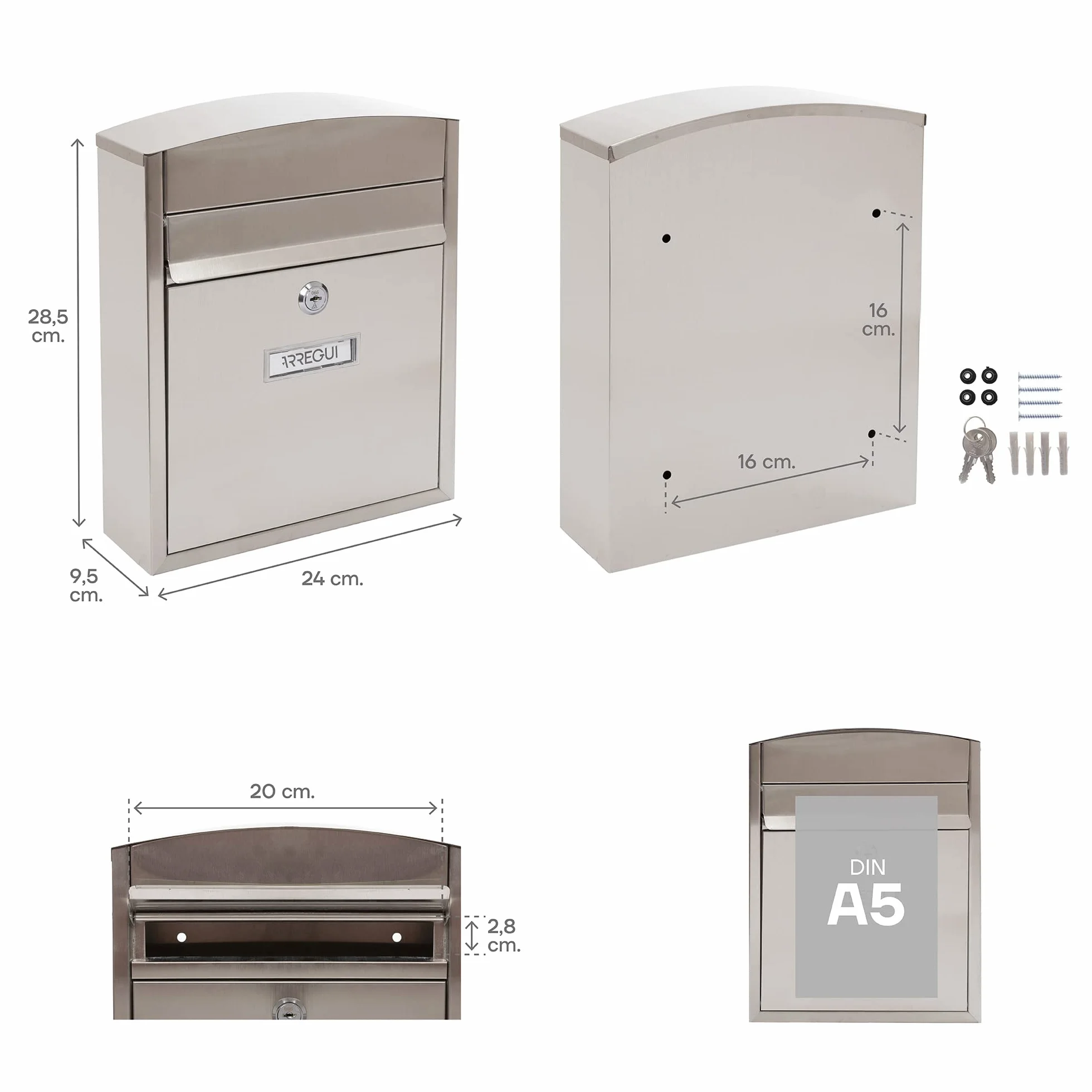 ARREGUI Compact E5737 Buzón Exterior de Acero Inoxidable, Tamaño S (Correo DIN A5) - 28.5 x 24 x 9.5 cm, Buzón de Pared Pequeño, Buzón de Correo Individual, Antilluvia, Anticorrosivo, Inox