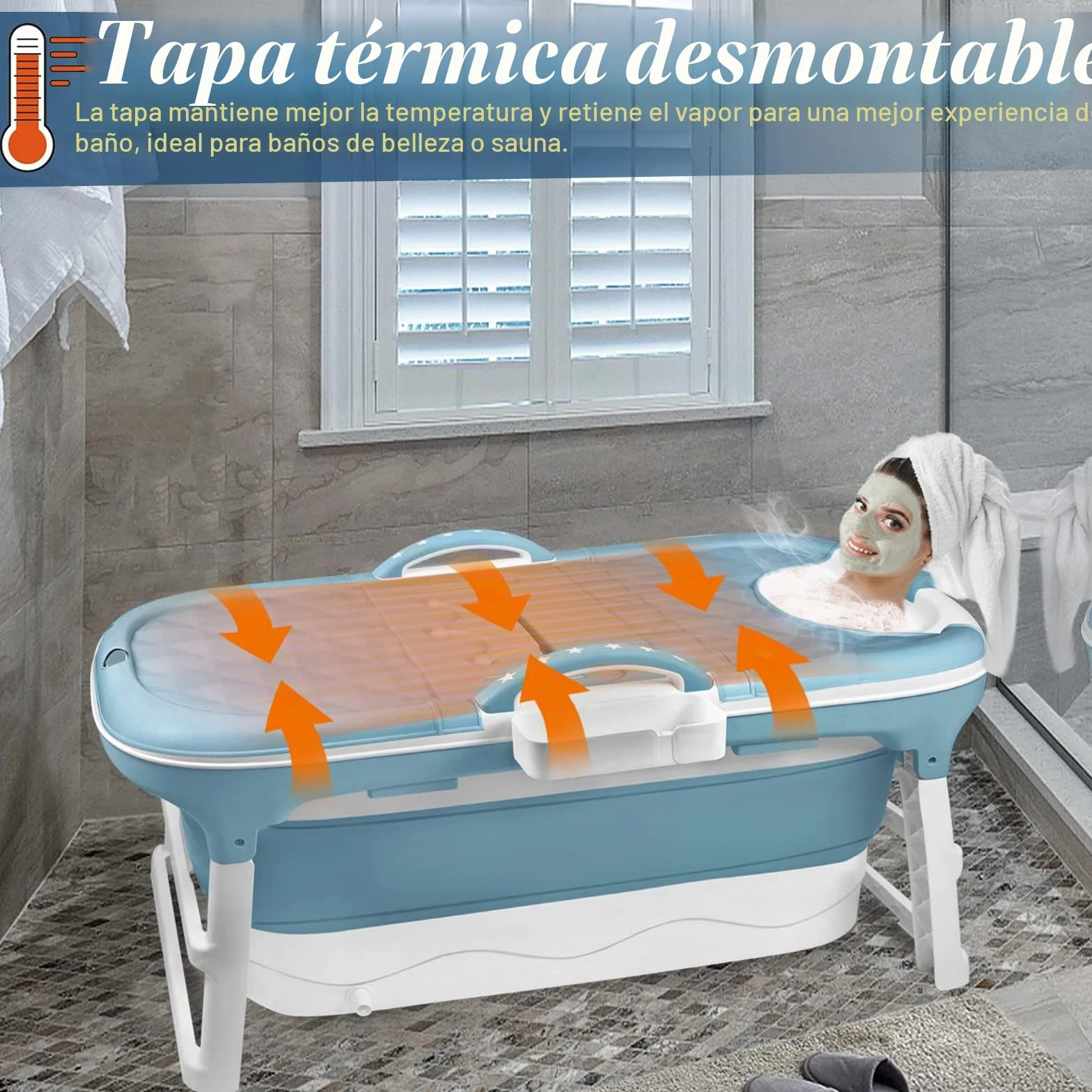 Bañera Plegable para Adultos L 118 x 62 x 53 cm, Portátil Con Tapa, Reposacabezas y Cesta de Jabón para Baño