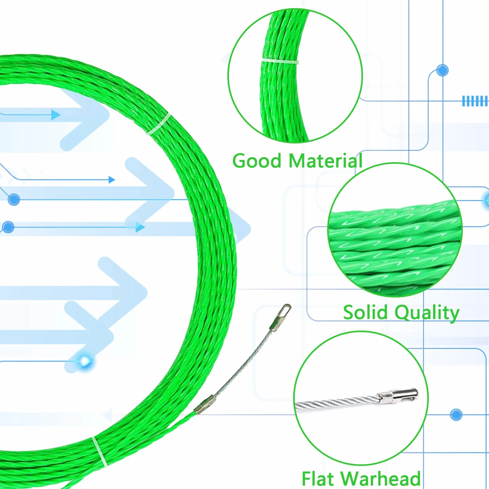 Guia Pasacables 50M, 4,5mm Guia Pasacables Profesional Guia Cables Espiral Guía Pasacables con 2 Muelles Guía Ayuda de Extracción de Cables para Tirar de Cable, Verde