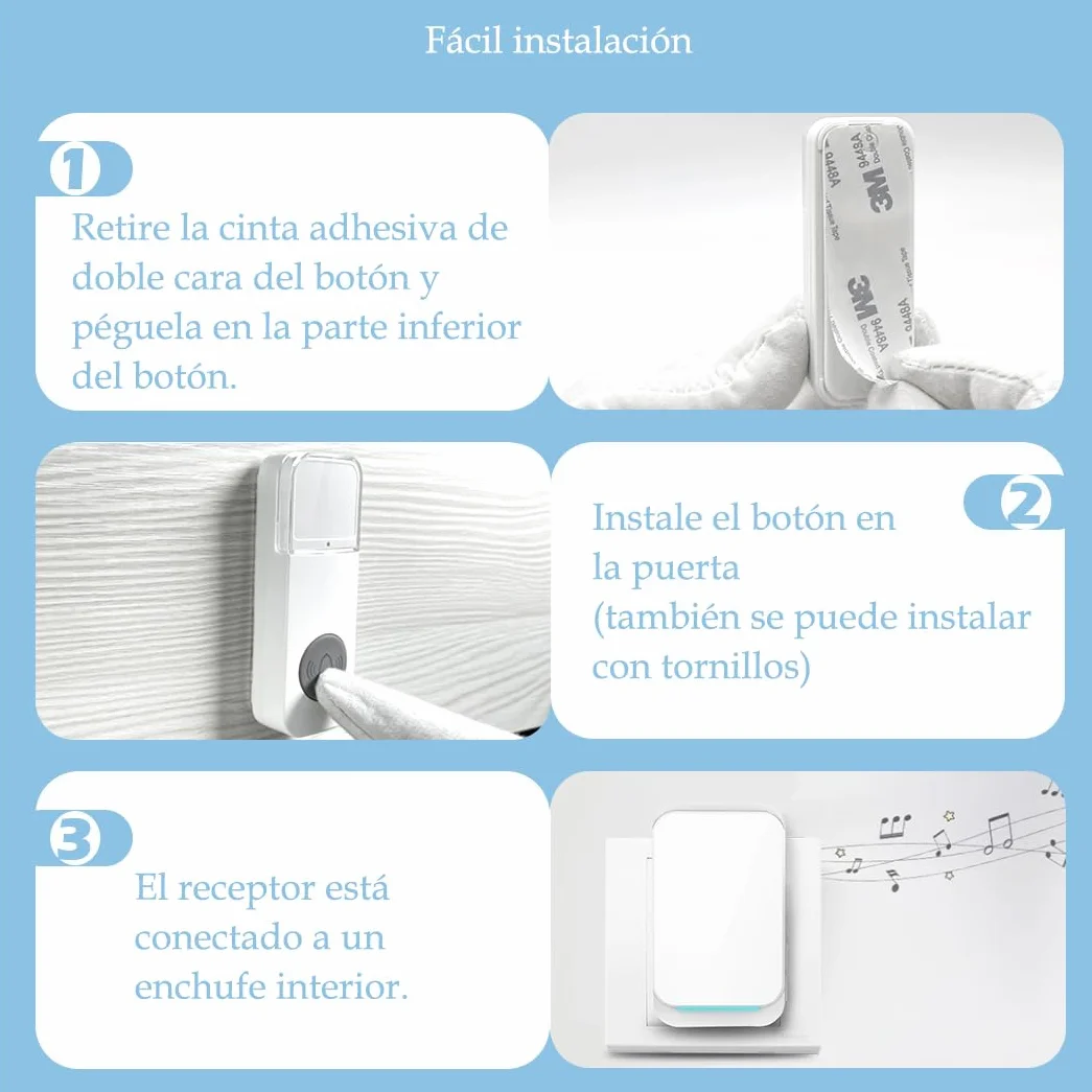 Timbre inalámbrico, Timbre de Puerta con Indicadores LED, Resistente al Agua (Blanco)