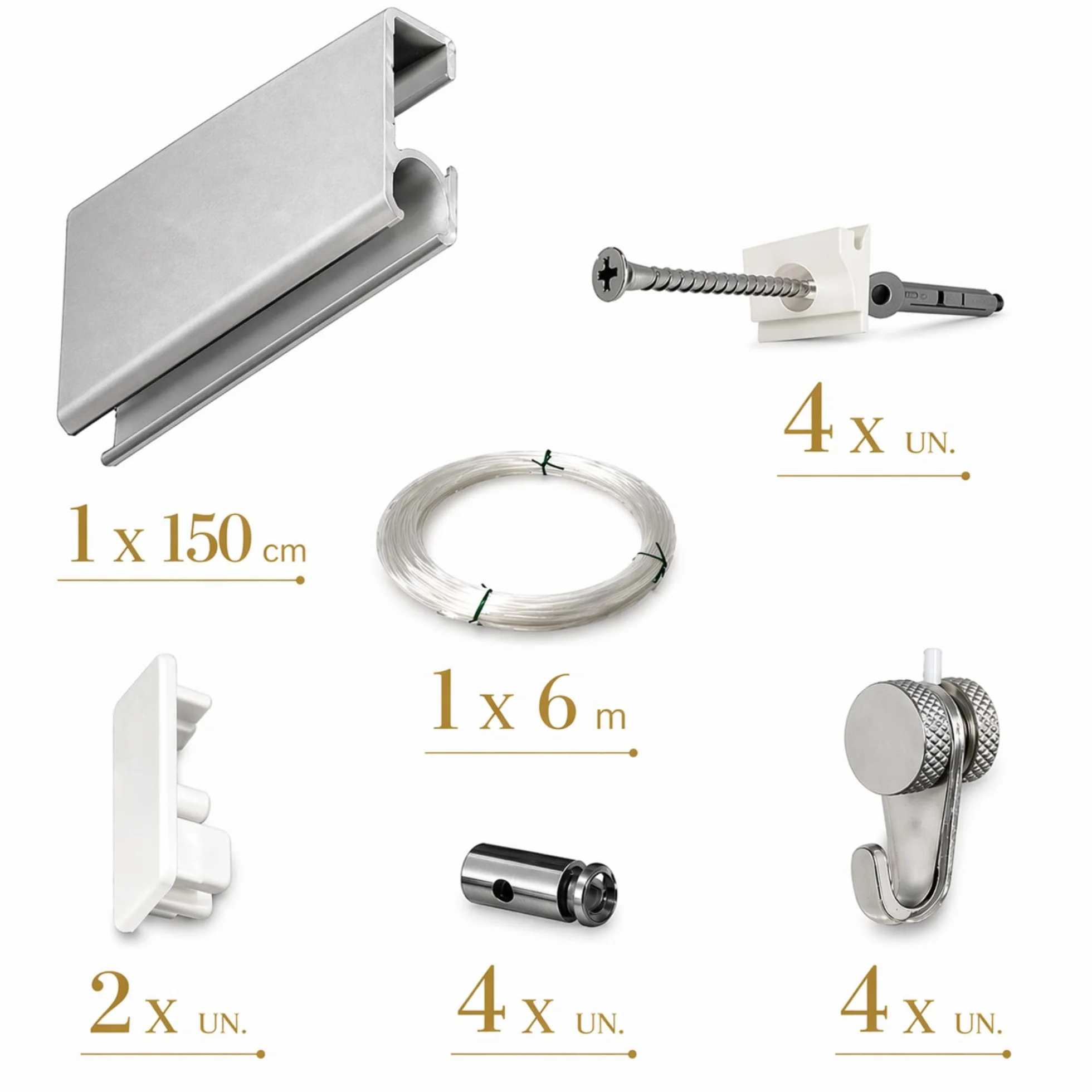 Pack Basic RM de 150cm Guías de Aluminio para Colgar Cuadros (Plata Mate) con 4 colgadores Nylon