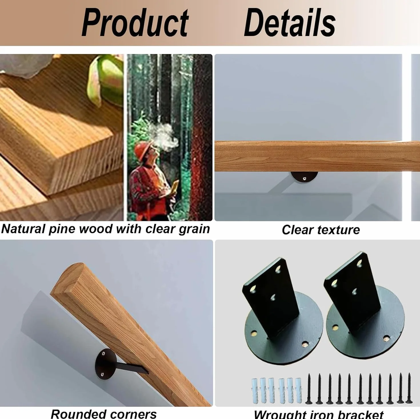 Pasamanos De Escalera De Madera De 50-600 Cm, Apoyabrazos De Seguridad Para Personas Mayores Montados En La Pared, Parapeto Para Pasillos, Barandillas Para Terrazas De Lofts (C, 50cm)