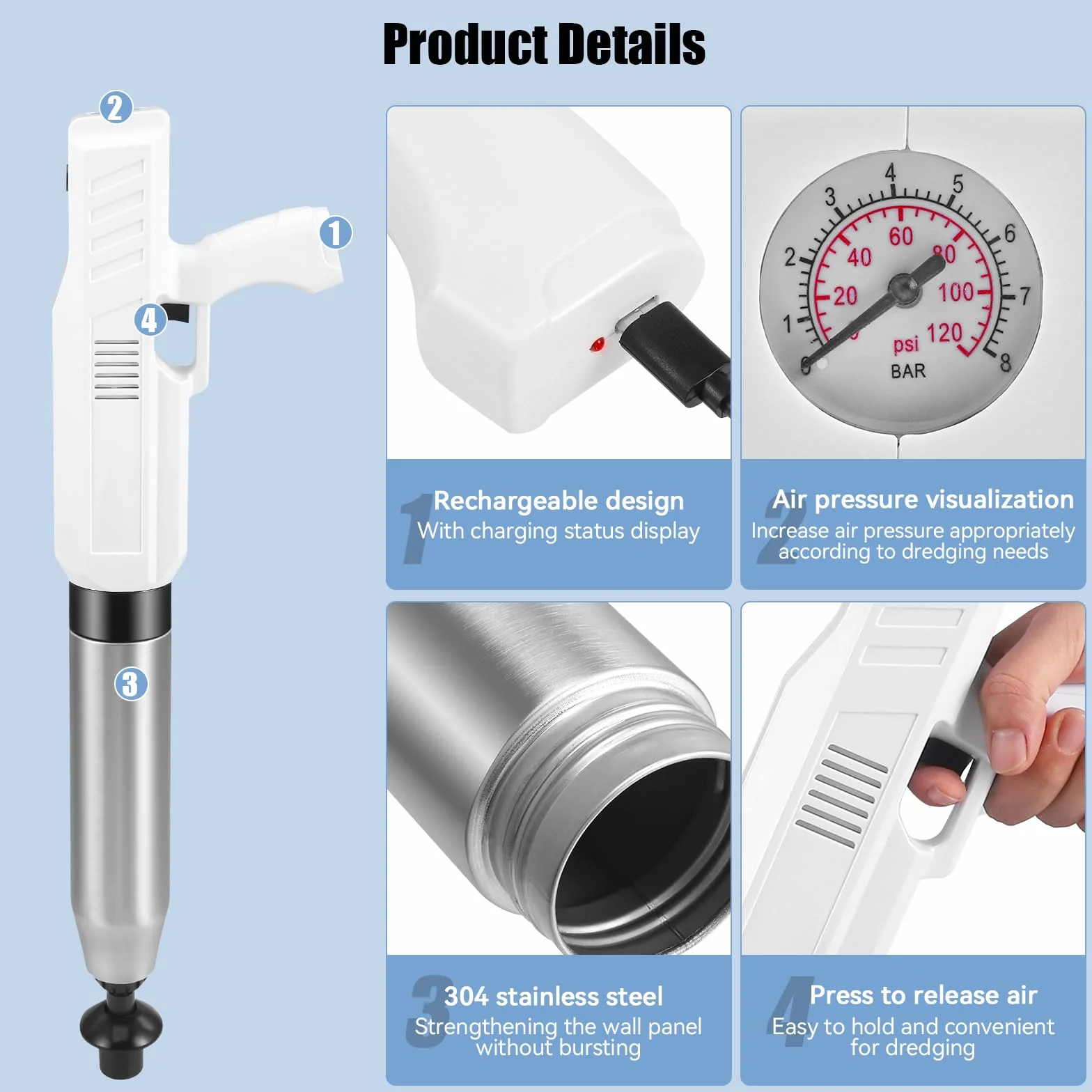 Desatascador de Tuberías con Aire Comprimido, Eléctrico desatascador WC, Desatascador de Inodoro con Barómetro, 4 Cabezas de Pistón e Inflador para Inodoro, Lavabo, baños y cocinas