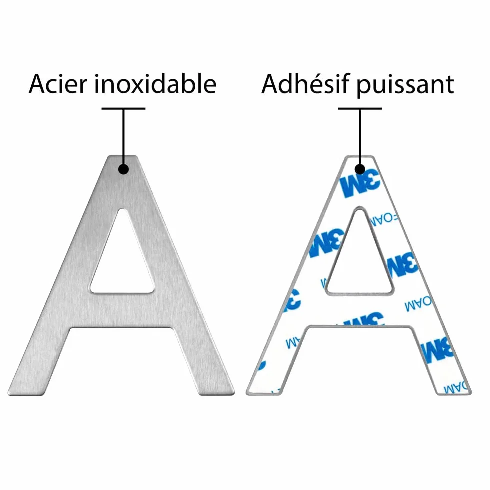 Número y letra de la calle, número de la puerta o número de la casa, de acero inoxidable Plata brillante, con soporte adhesivo, de 76 mm de altura (A)