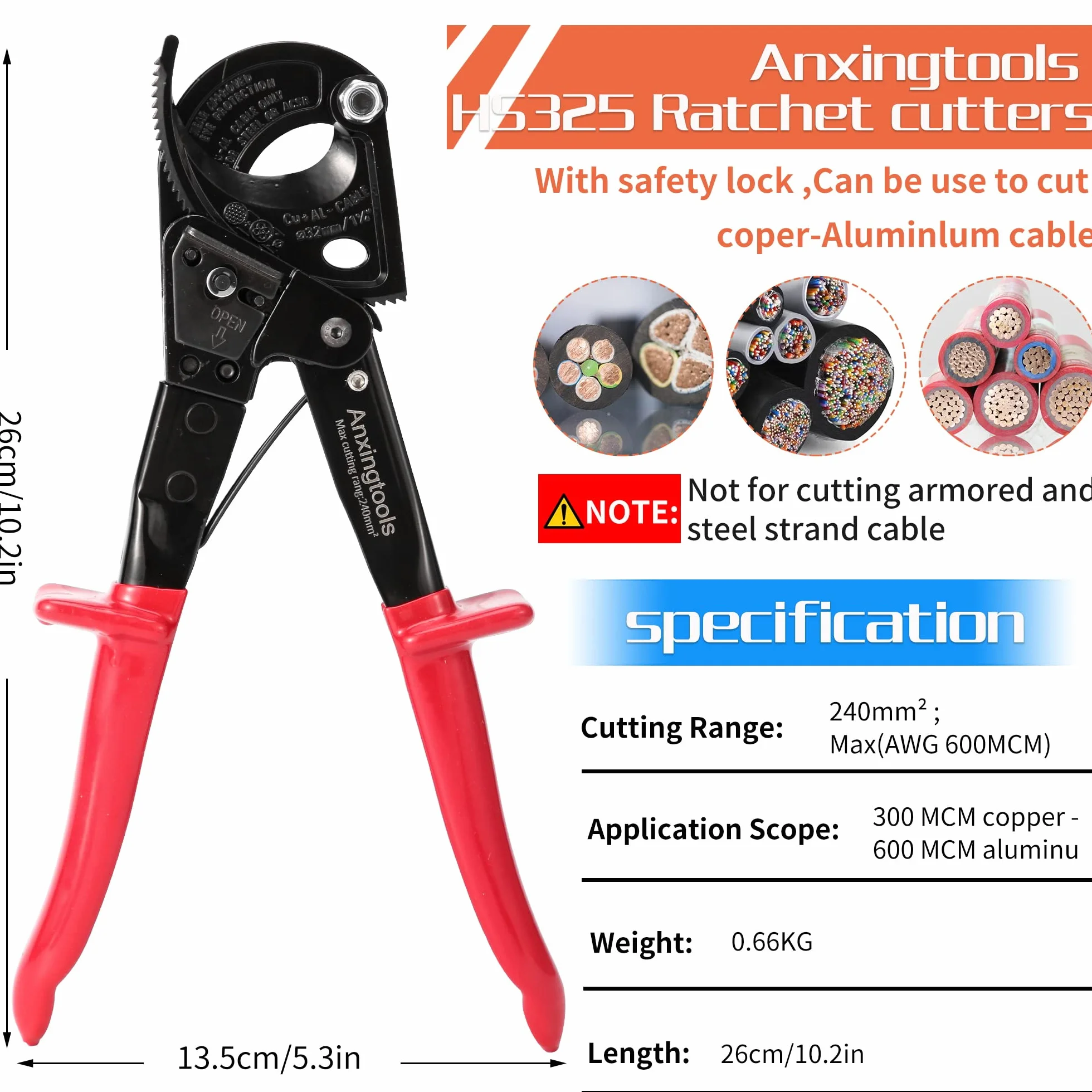 Cortadores de carraca, Anxingtools HS325 Cortaalambres de alta resistencia para cable de cobre y aluminio de hasta 240 mm², cortadores de cable de carraca