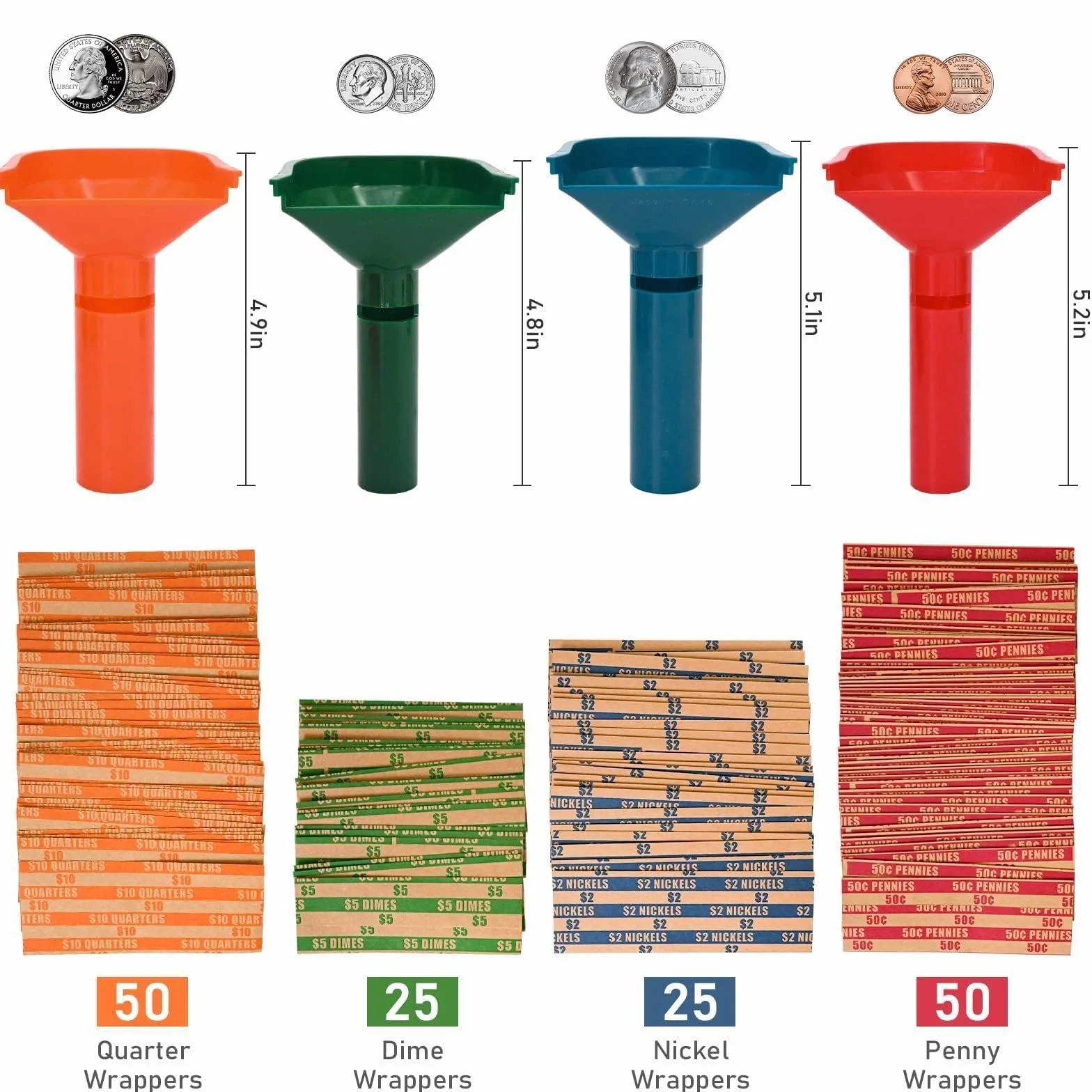 Tubo clasificador de monedas 4 piezas, envoltorios rollos centavo 100 piezas